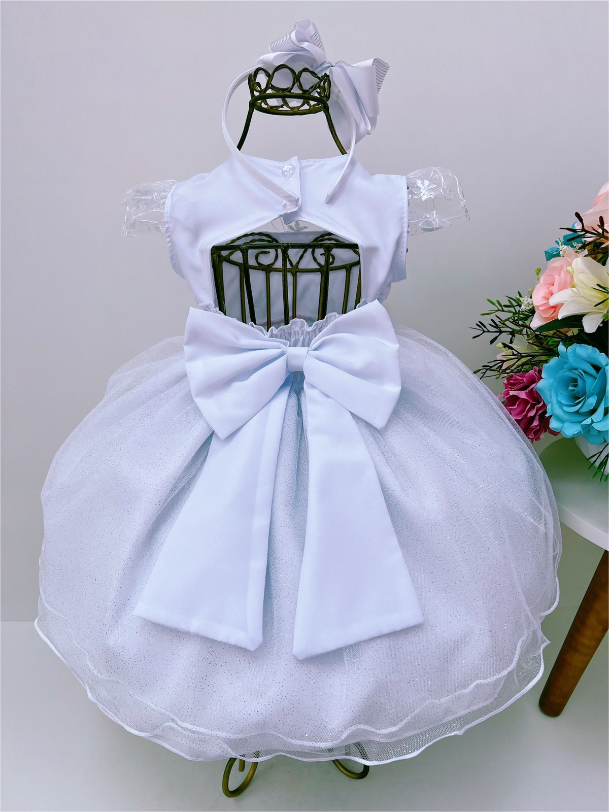 Vestido Infantil Branco Renda Florido La O E Brilho Rosa Charmosa Atacado