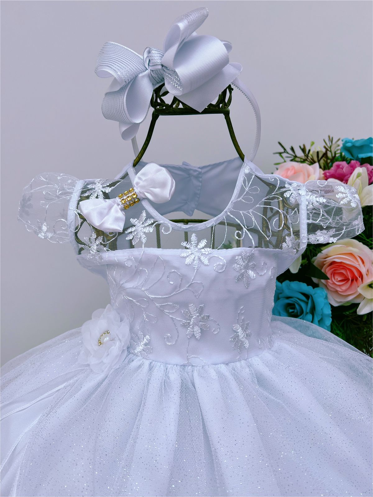 Vestido Infantil Branco Renda Florido La O E Brilho Rosa Charmosa Atacado