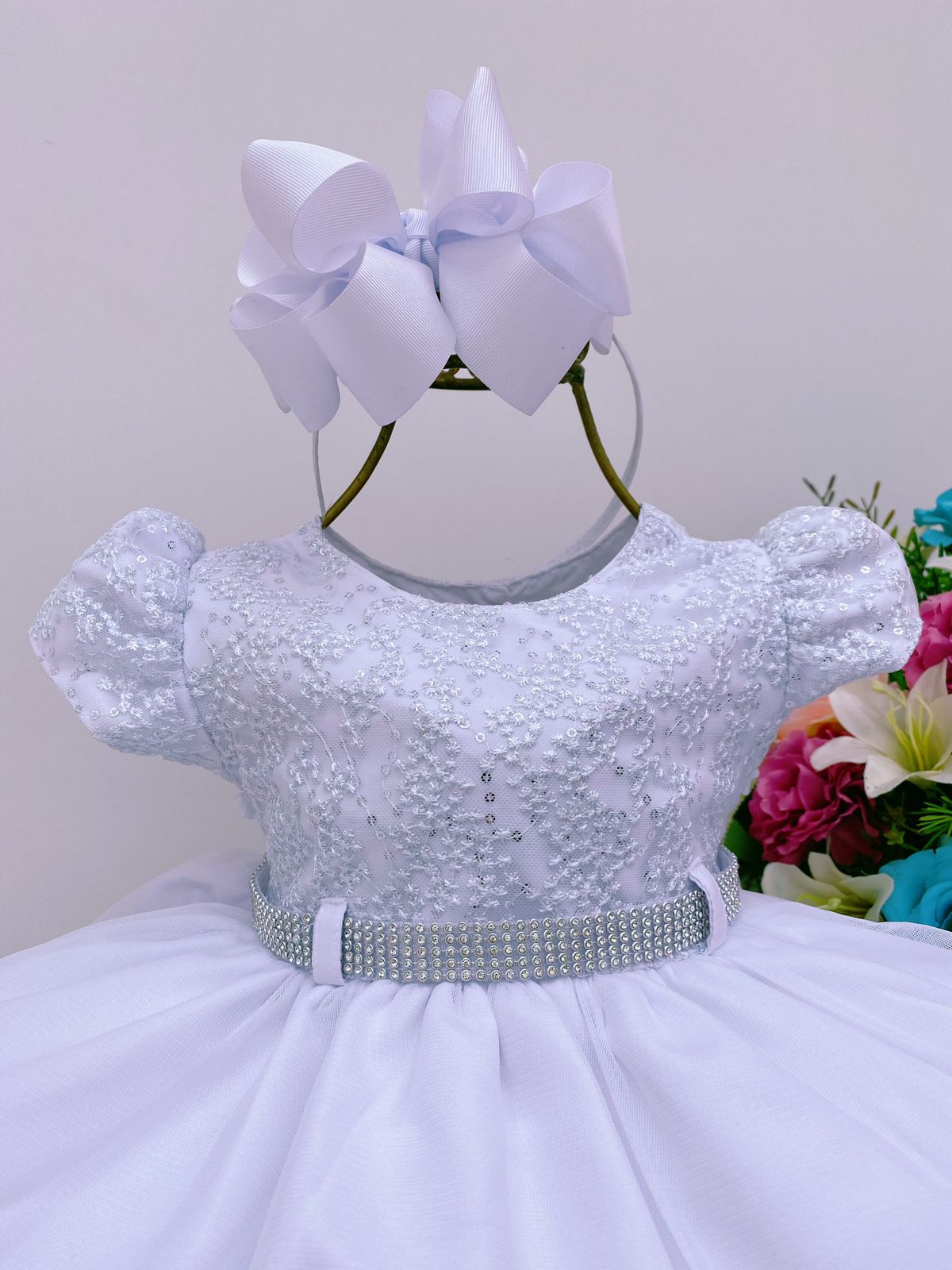 Vestido Infantil Branco Batizado Lantejoula E Strass Rosa Charmosa