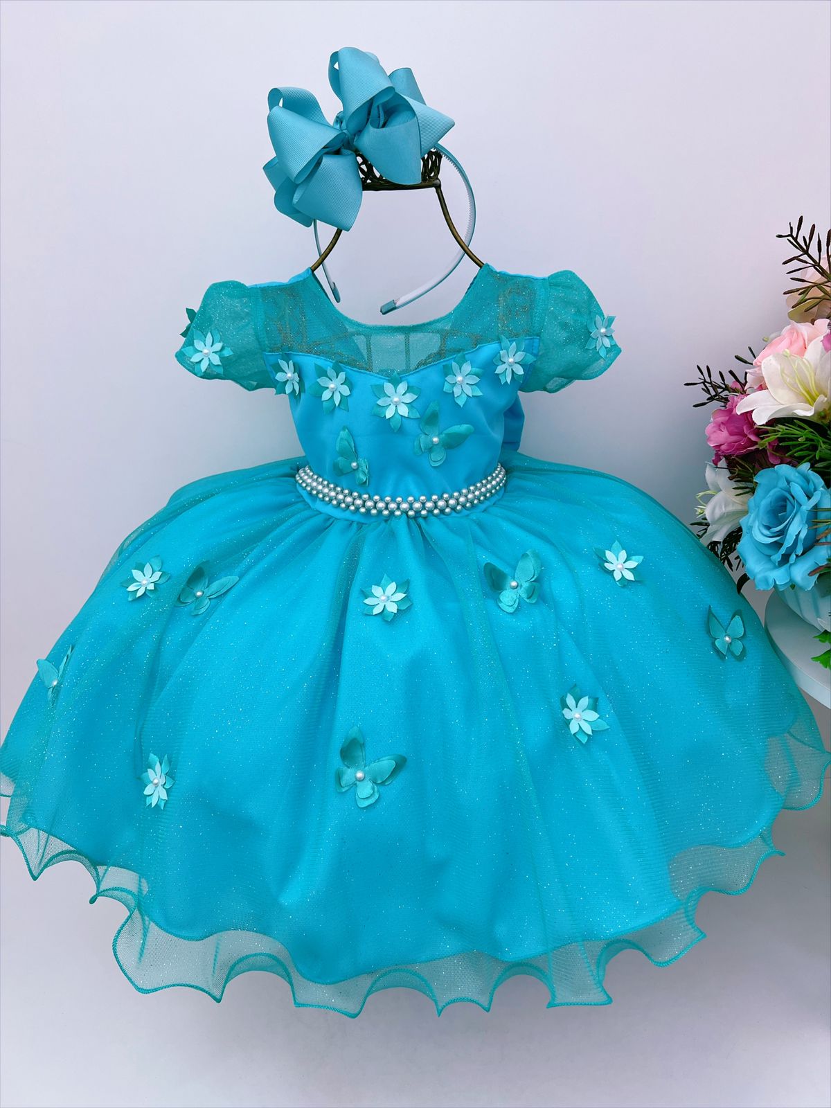 Vestido Infantil Verde Tiffany Aplique Borboletas Flores Rosa