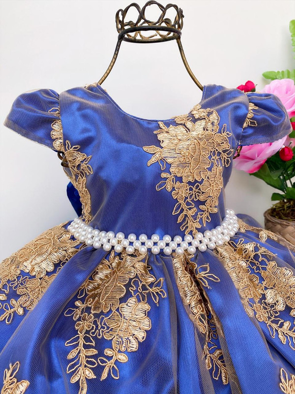 Vestido Infantil Azul Royal Renda Realeza Dourada P Rola Rosa