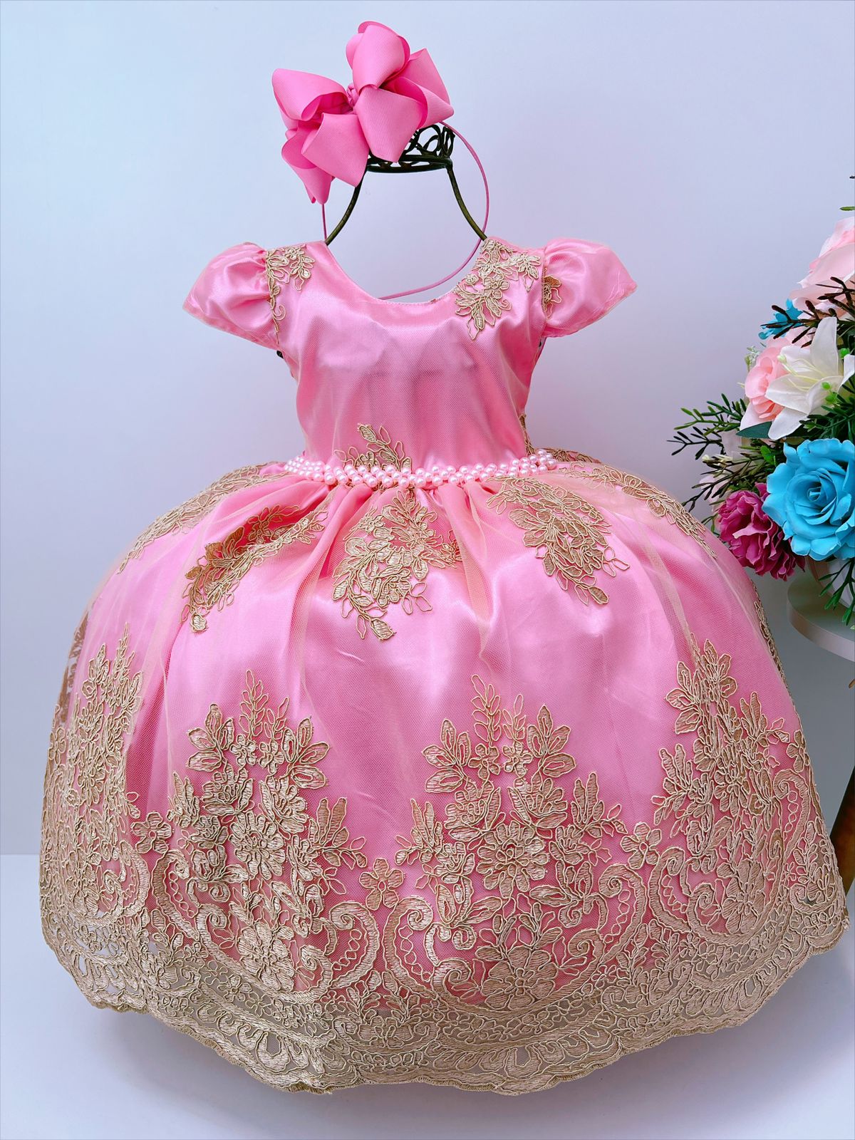 Vestido Infantil Rosa Renda Dourada Pérolas Realeza Rosa Charmosa