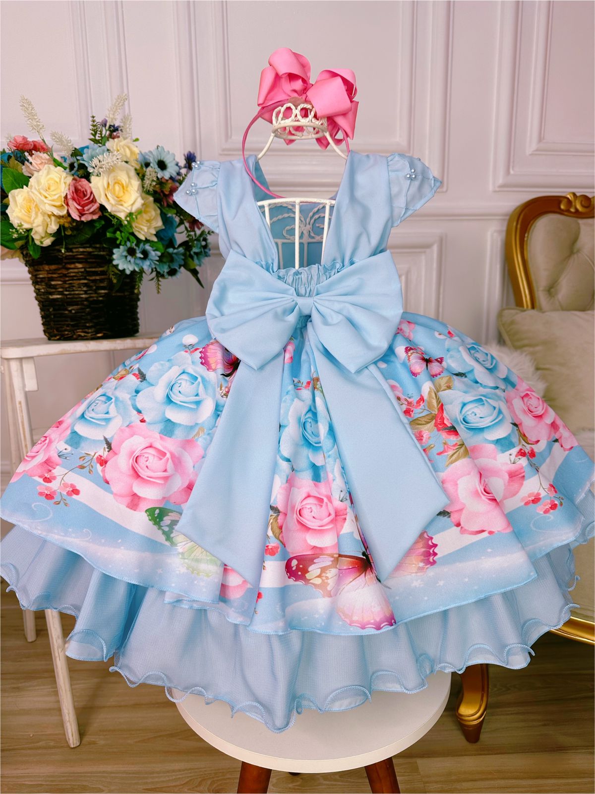 Vestido Infantil Azul Beb Busto Nervura C P Rolas Luxo Rosa