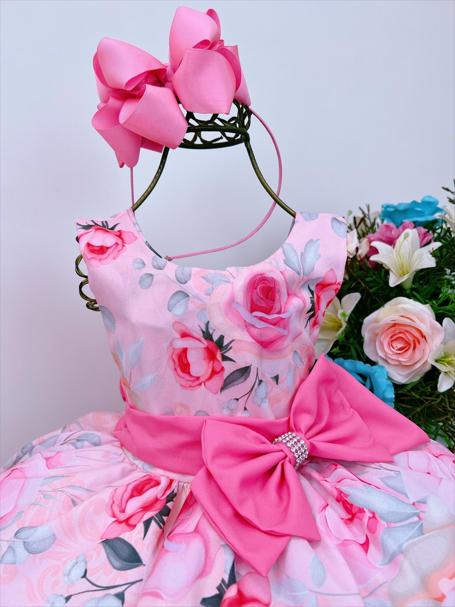 Vestido Infantil Rosa Florido Strass Princesas Rosa Charmosa Atacado