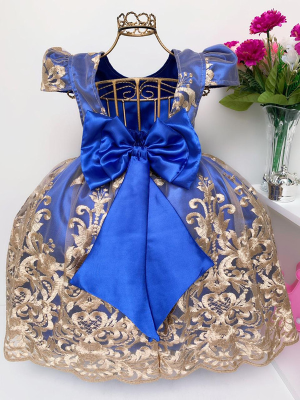 Vestido Infantil Azul Marinho Renda Dourada Realeza Luxo Rosa