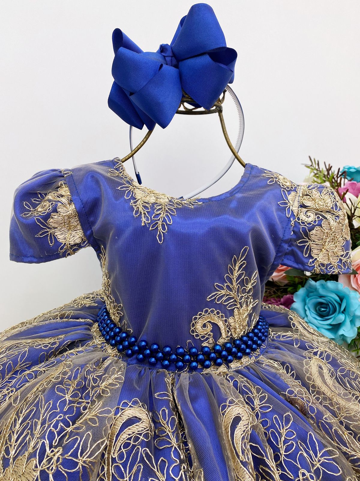 Vestido Infantil Azul Royal Renda Realeza Dourada Princesa Rosa