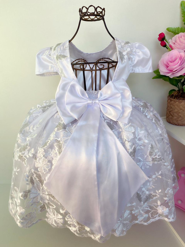 Vestido Infantil Branco Batizado Realeza Renda Princesas Rosa