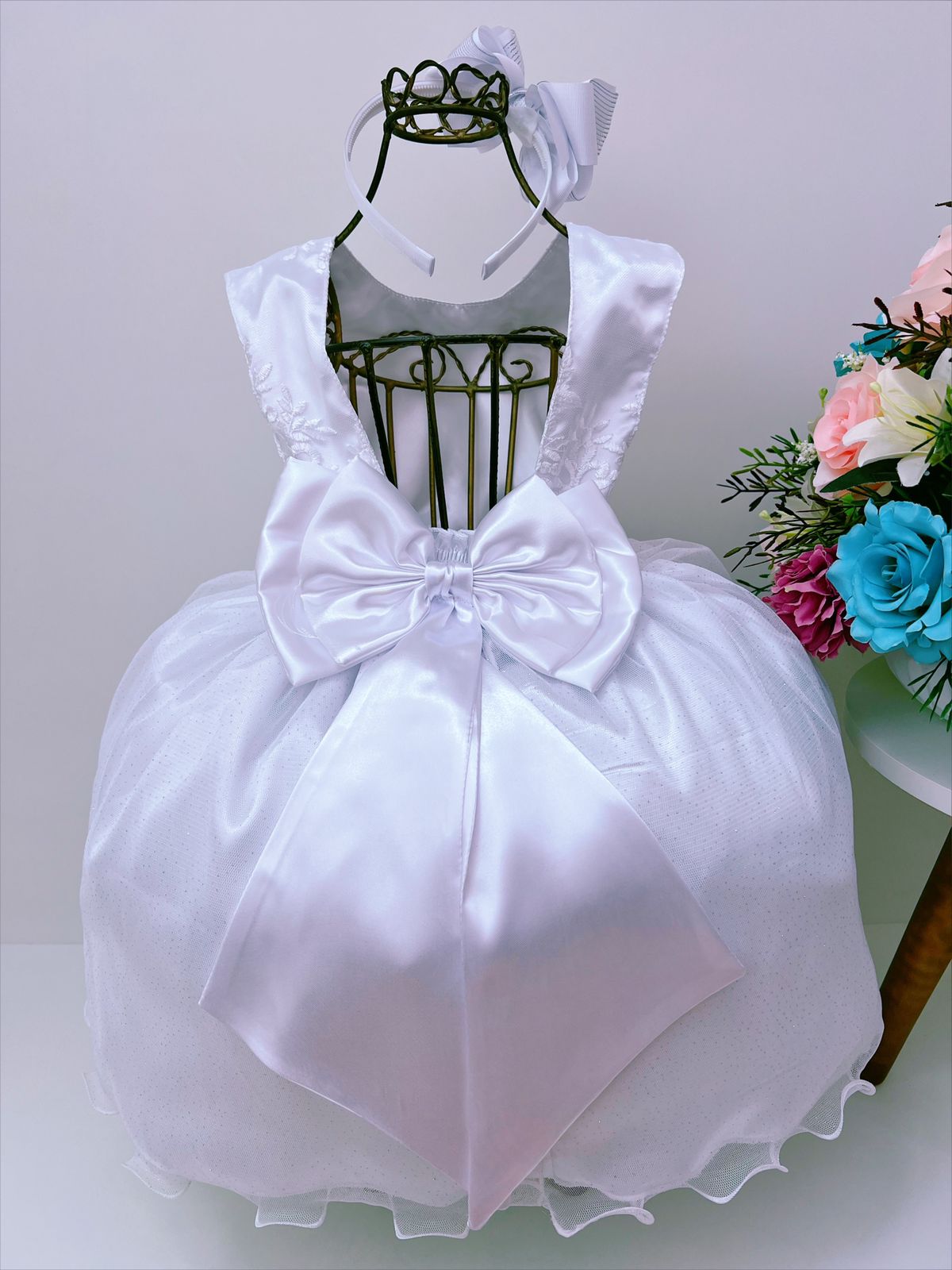 Vestido Infantil Branco Renda Busto Cinto Strass Luxo Rosa