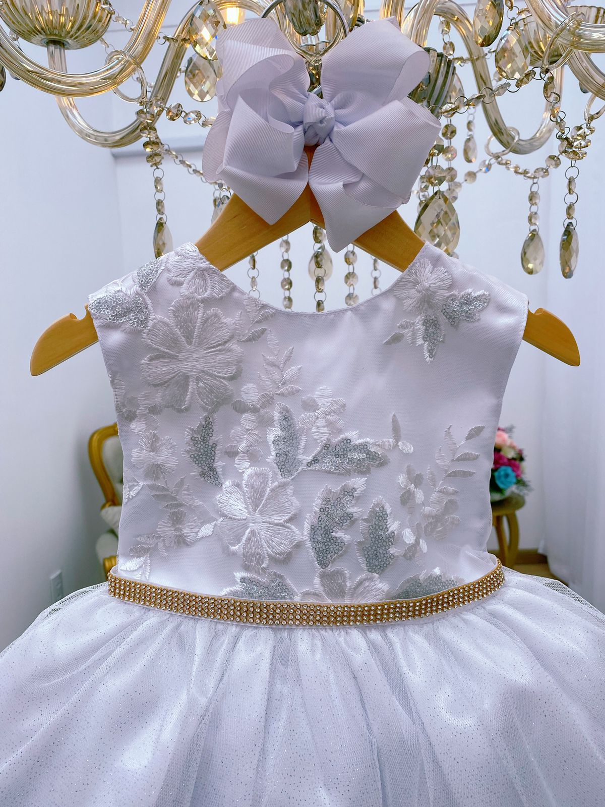 Vestido Infantil Branco Renda Busto Cinto Strass Luxo Rosa Charmosa