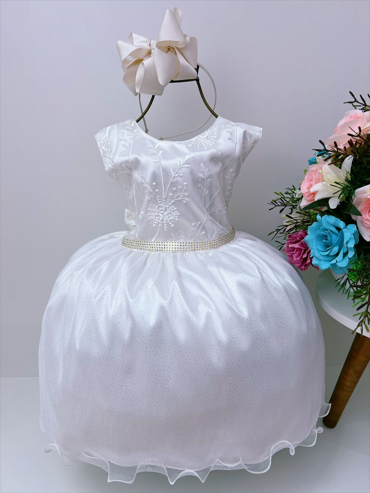 Vestido Infantil Off Renda Busto Cinto Strass Luxo Rosa Charmosa