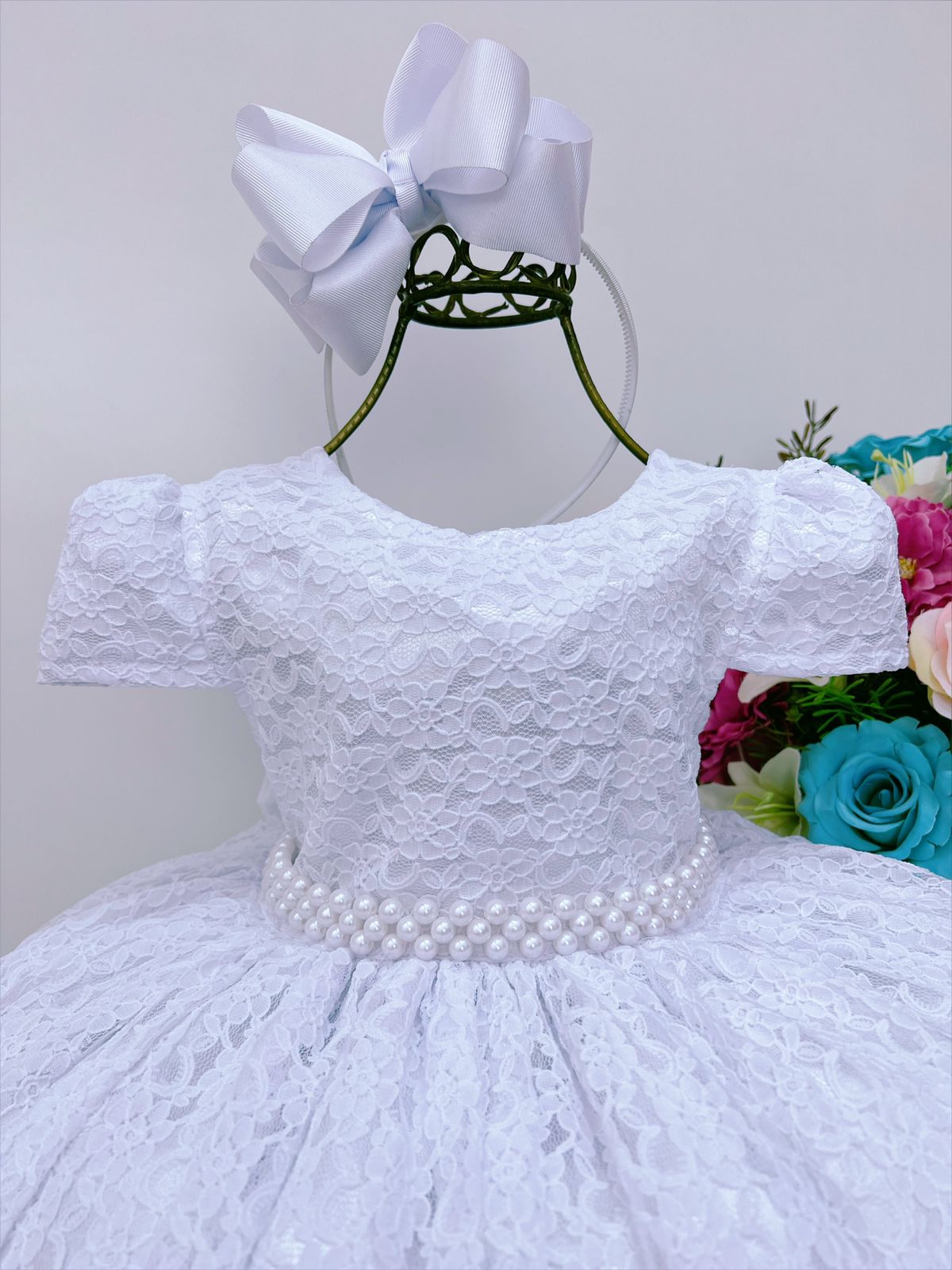 Vestido Infantil Realeza Branco Renda E P Rolas Festa Luxo Rosa