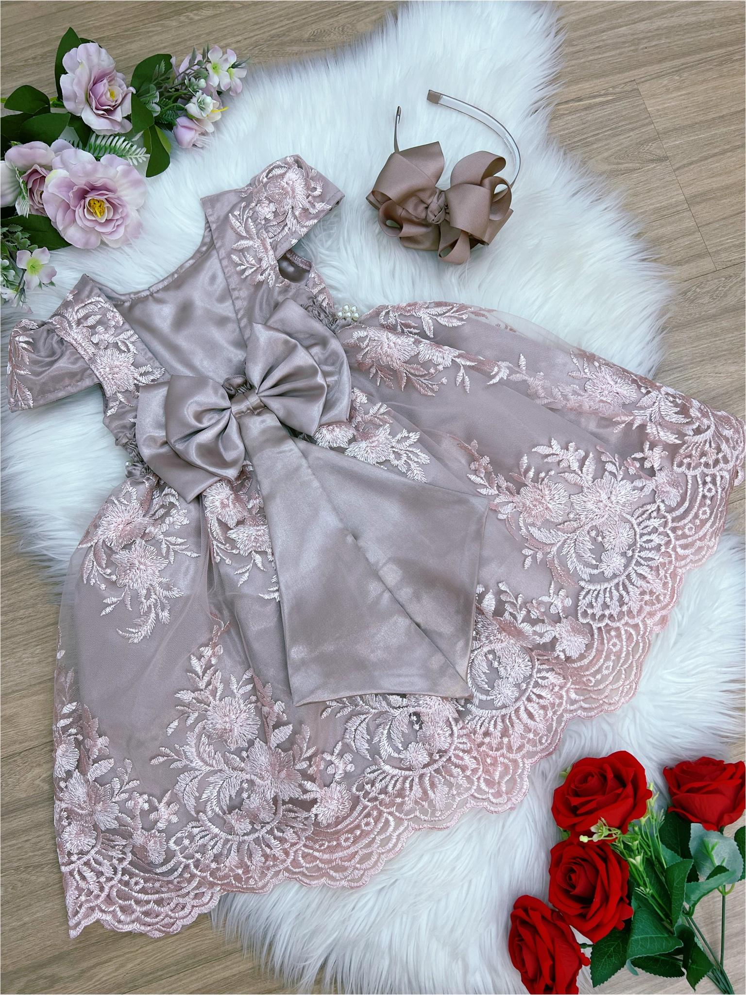 Vestido Infantil Rose Renda Realeza Cinto de Pérola Rosa Charmosa Atacado