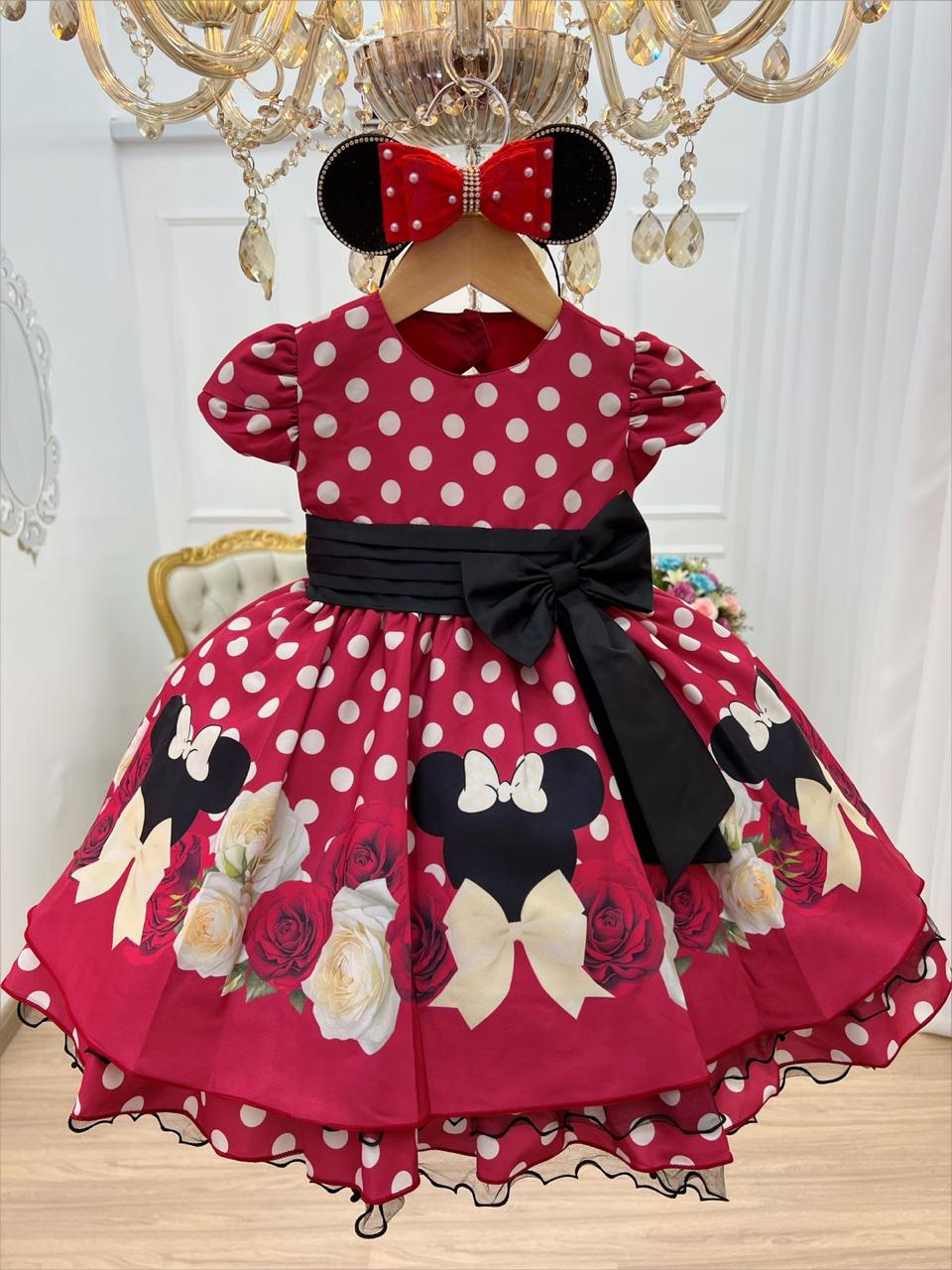 Vestido Infantil Minnie Vermelho Busto Floral Saia Bolinhas Rosa