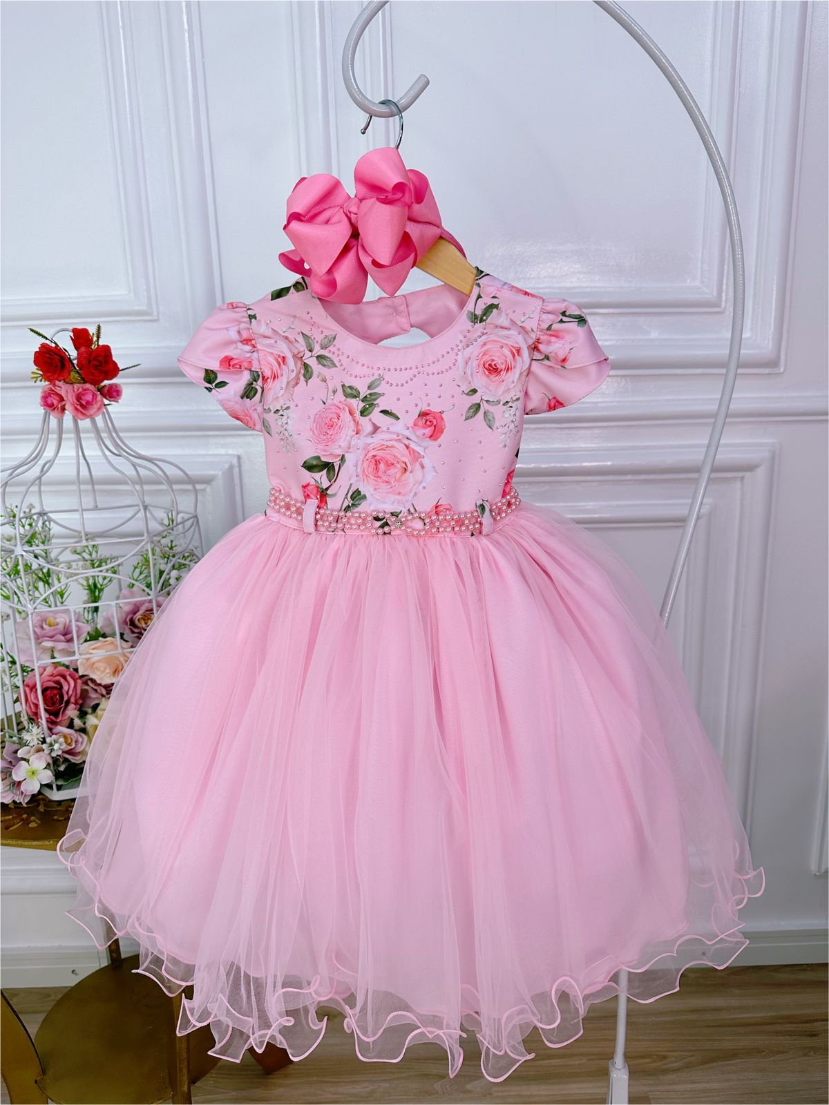 Vestido Infantil Rosa Florido C Peito Strass Luxo Rosa Charmosa Atacado