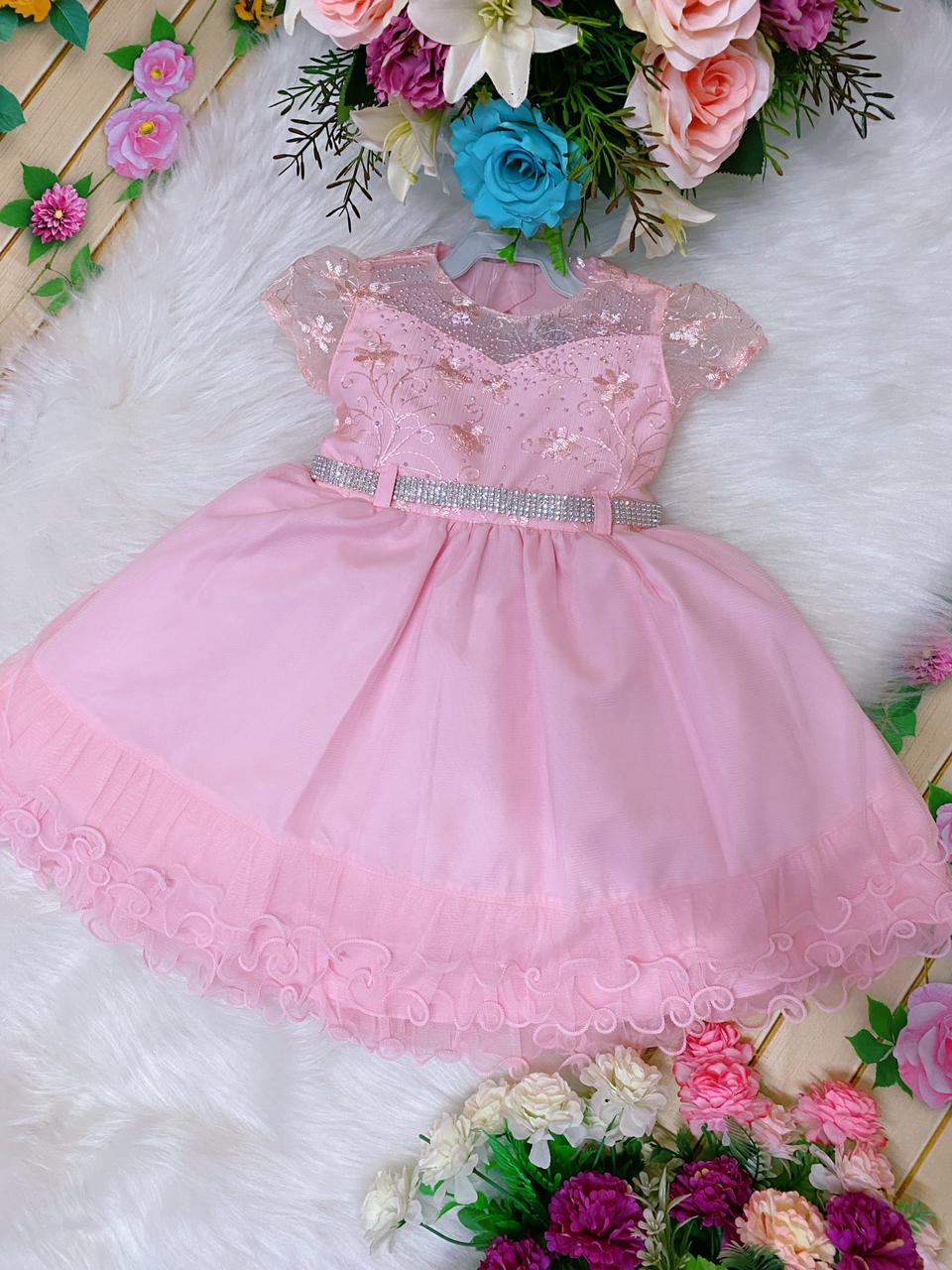 Vestido Infantil Rosa Renda Babados Cinto Strass Luxo Rosa Charmosa