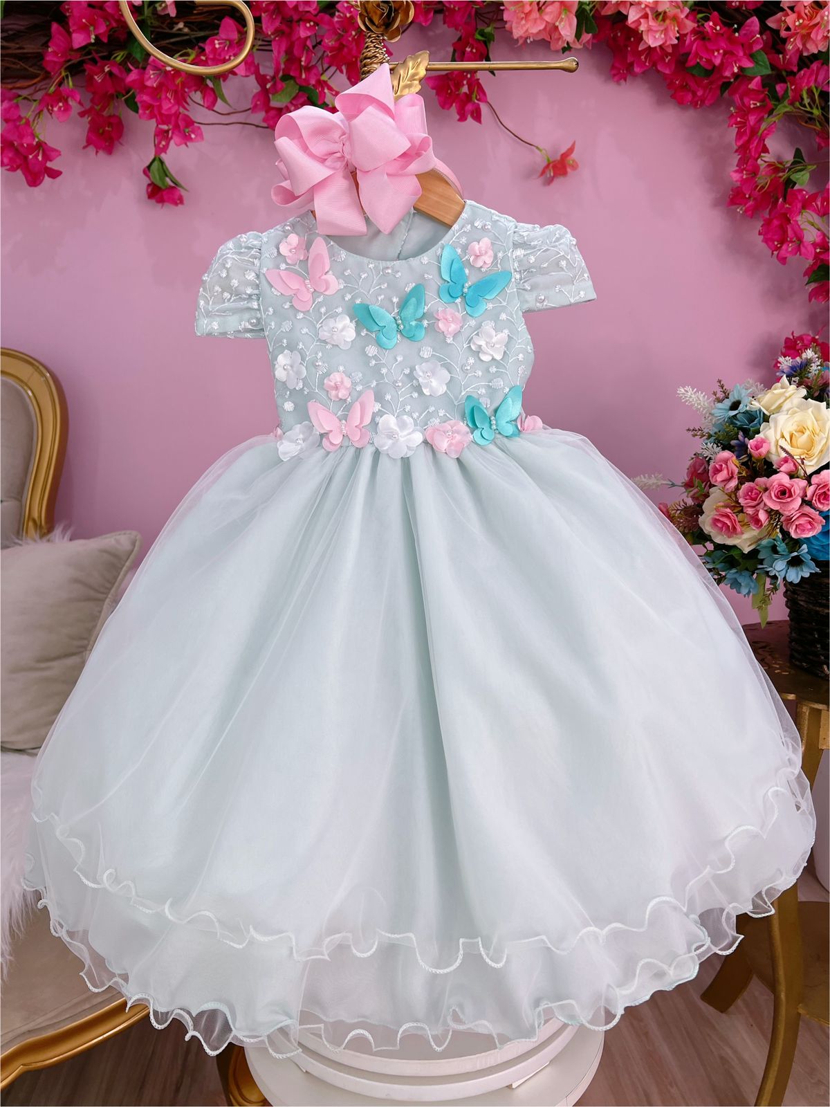 Vestido Infantil Verde C Renda De Aplique Borboletas Flores Rosa