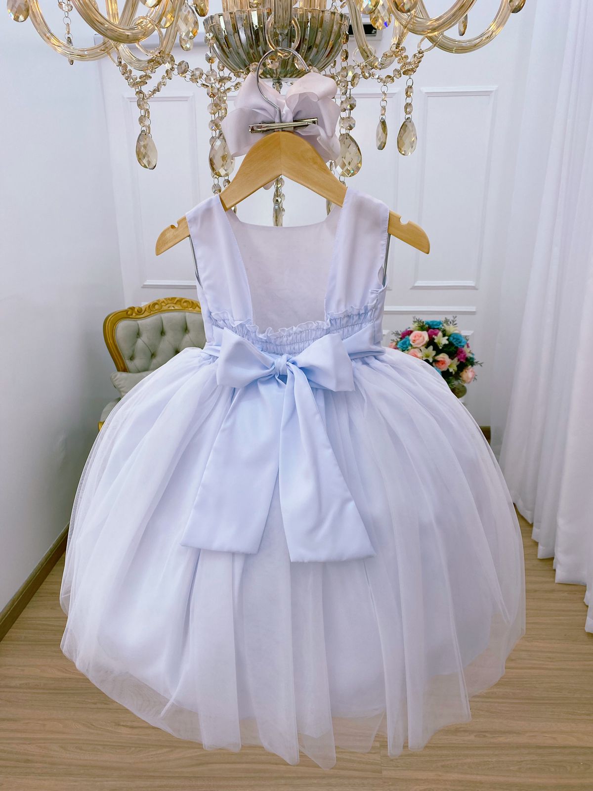 Vestido Infantil Branco Aplique Flores E Strass Batizado Festa Rosa