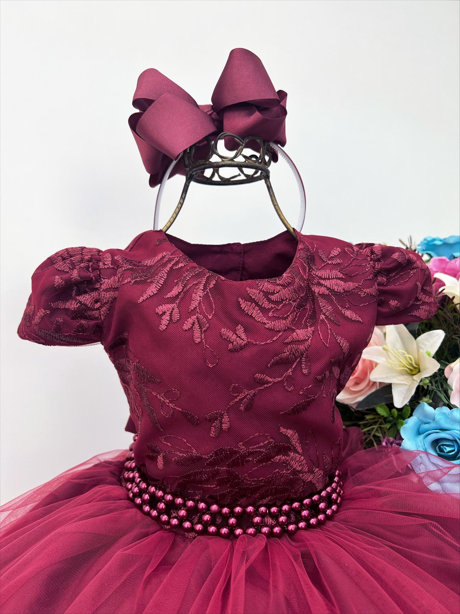 Vestido Infantil Marsala C Tiara E Cinto De P Rolas Renda Rosa