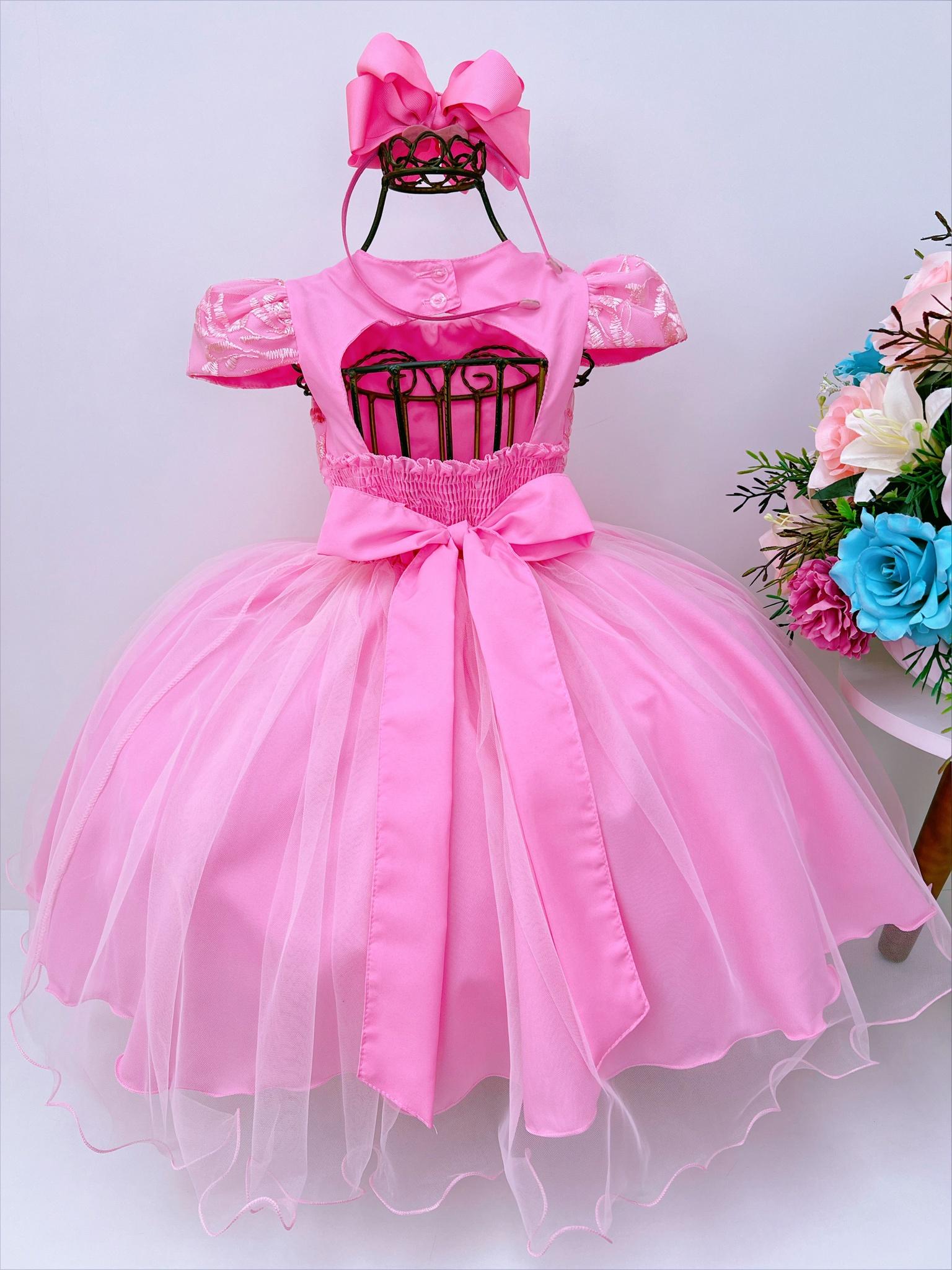 Vestido Infantil Rosa Chiclete C Renda e Cinto de Pérolas Rosa