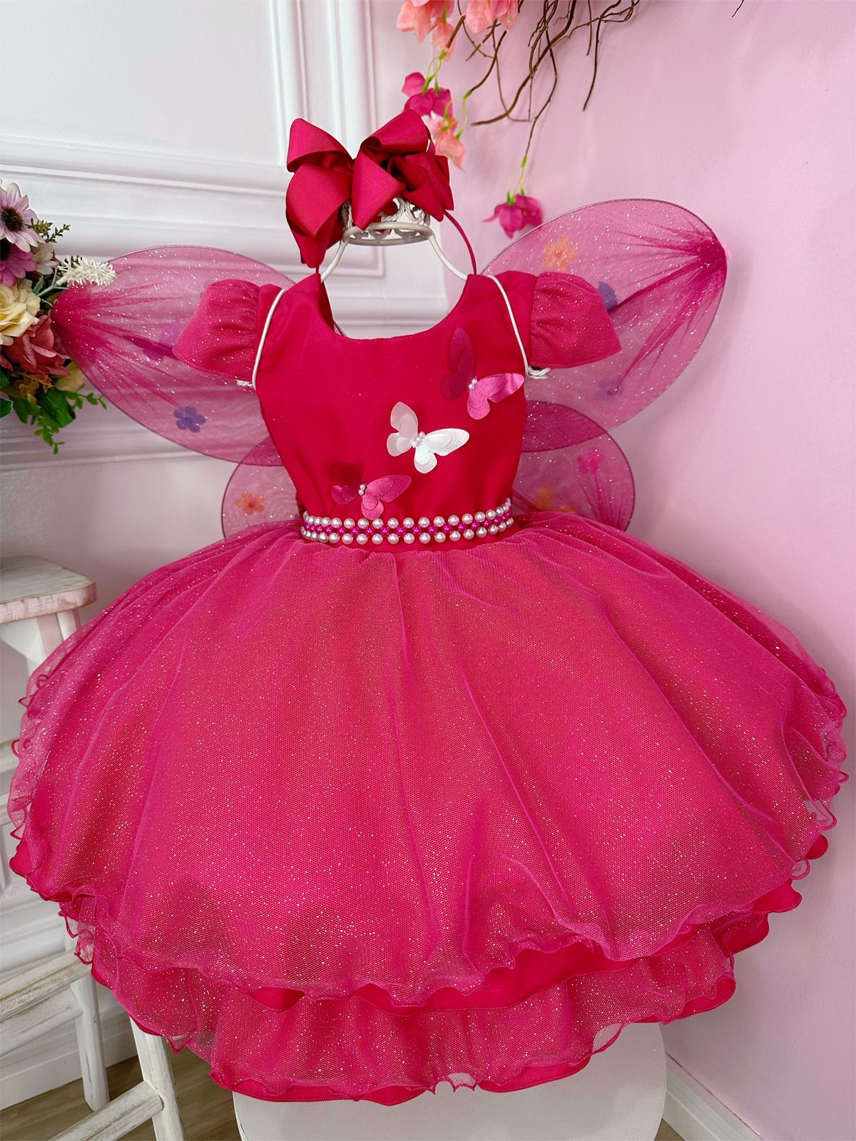 Vestido Infantil Pink Aplique De Borboletas C Glitter Rosa Charmosa