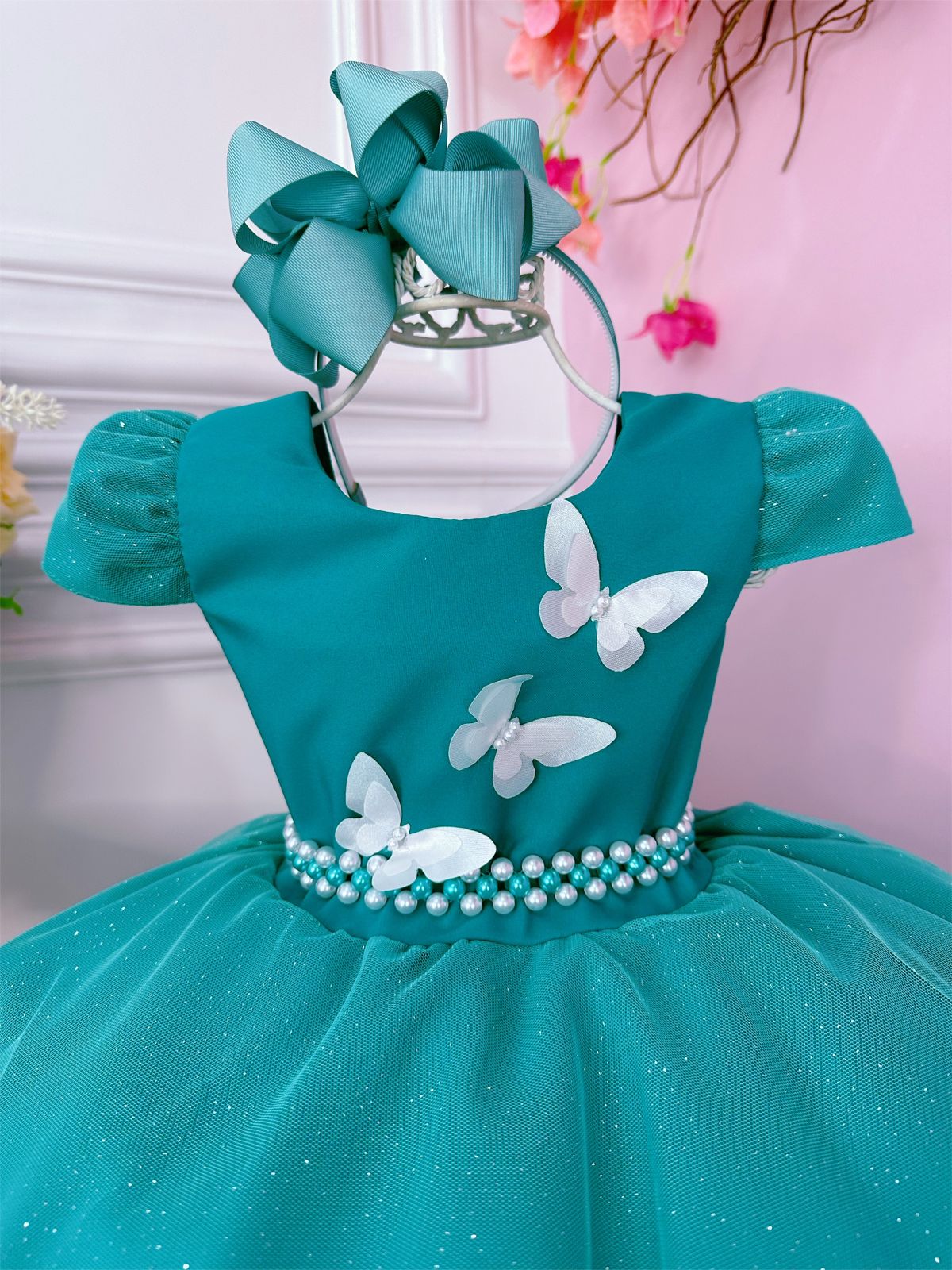 Vestido Infantil Verde Tiffany Aplique De Borboletas Glitter Rosa