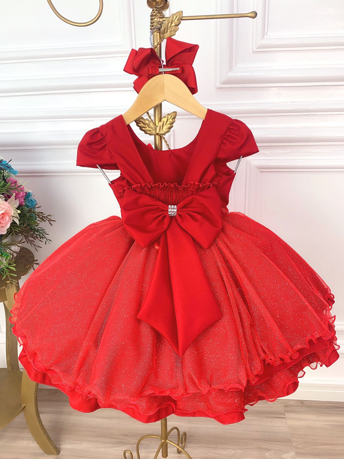 Vestido Infantil Vermelho C Aplique De Borboletas Glitter Rosa