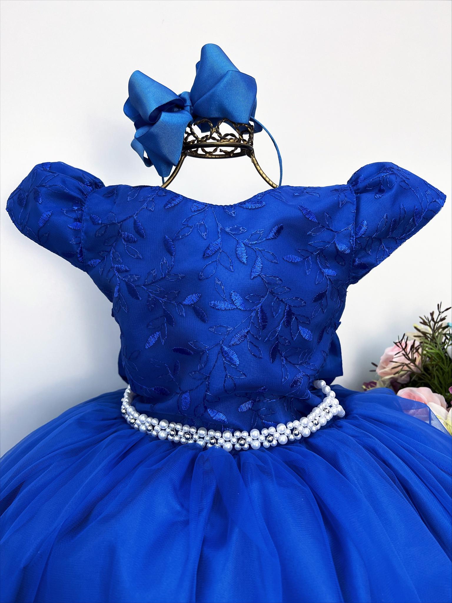 Vestido Infantil Azul Royal Renda Damas Honra Casamentos Rosa