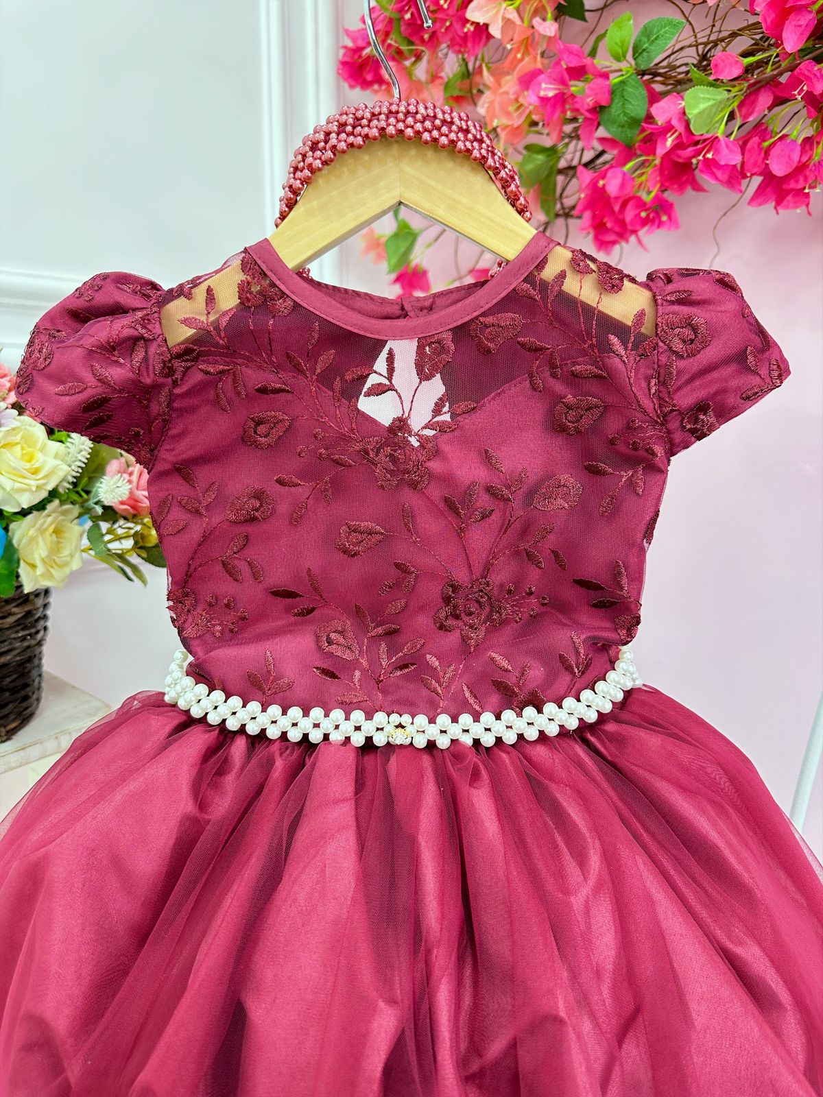 Vestido Infantil Damas Honra Casamento Marsala Renda P Rola Rosa