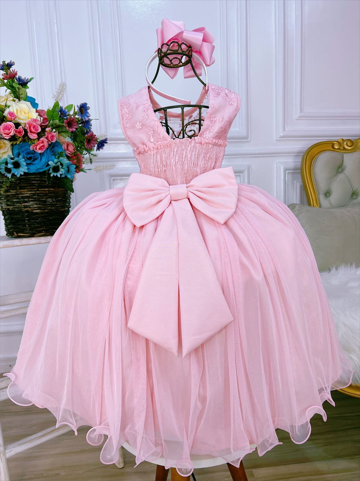 Vestido Infantil Rosa C Renda e Cinto de Pérolas Damas Luxo Rosa