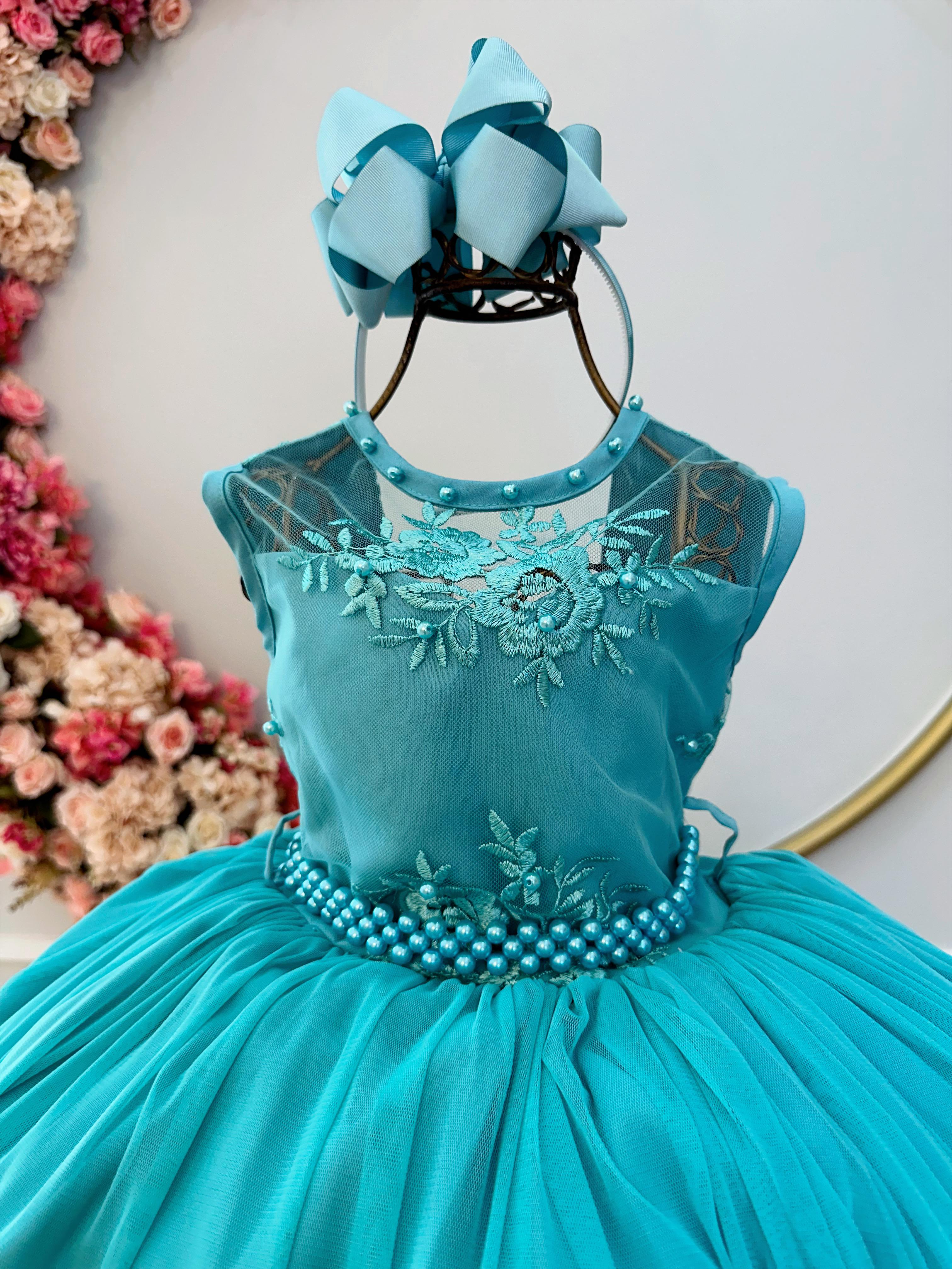 Vestido Infantil Verde C Renda e Cinto de Pérolas Damas Luxo Rosa