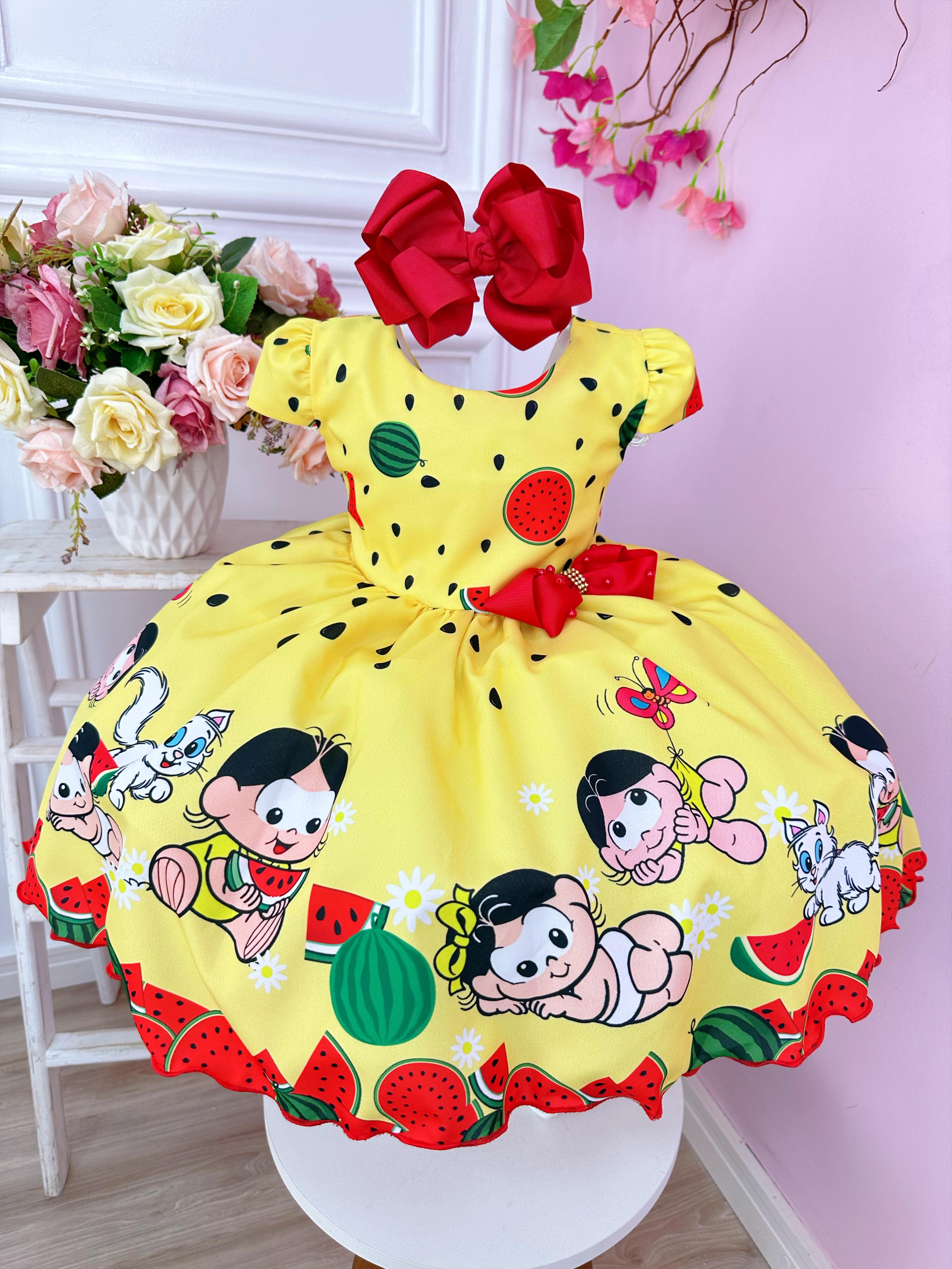 Vestido Infantil Magali Baby Amarelo Melancia C Broche Laço Rosa