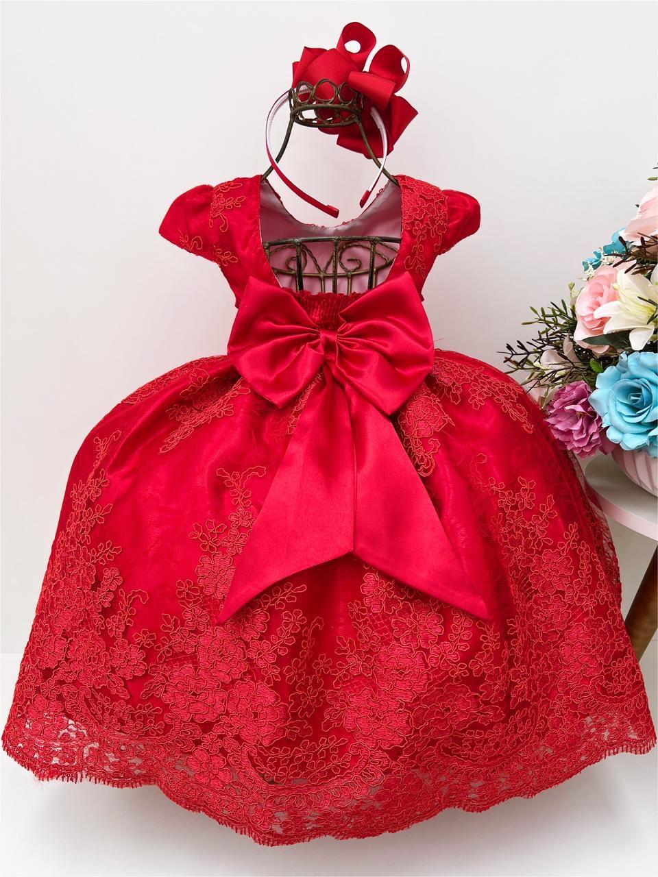 Vestido Infantil Vermelho Renda Realeza Cinto P Rolas Luxo Rosa