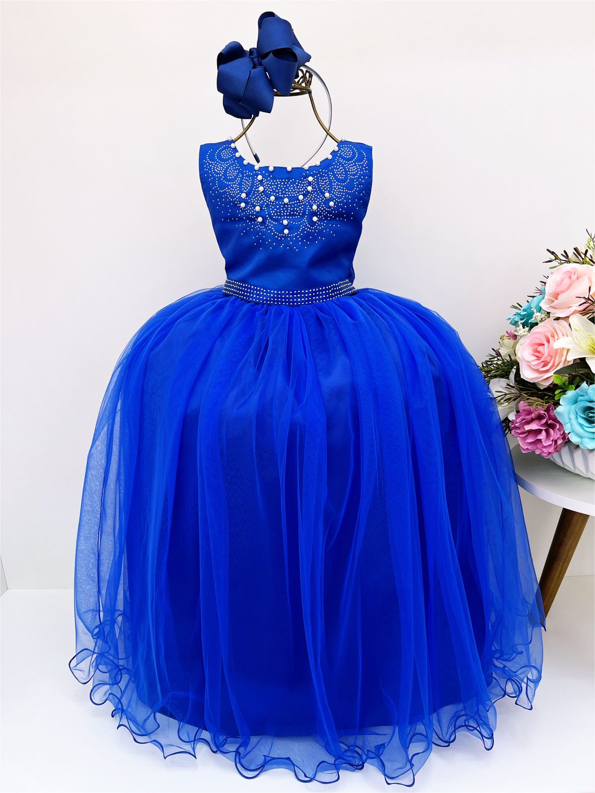 Vestido Infantil Damas de Honra Longo Azul Royal Pérolas Rosa