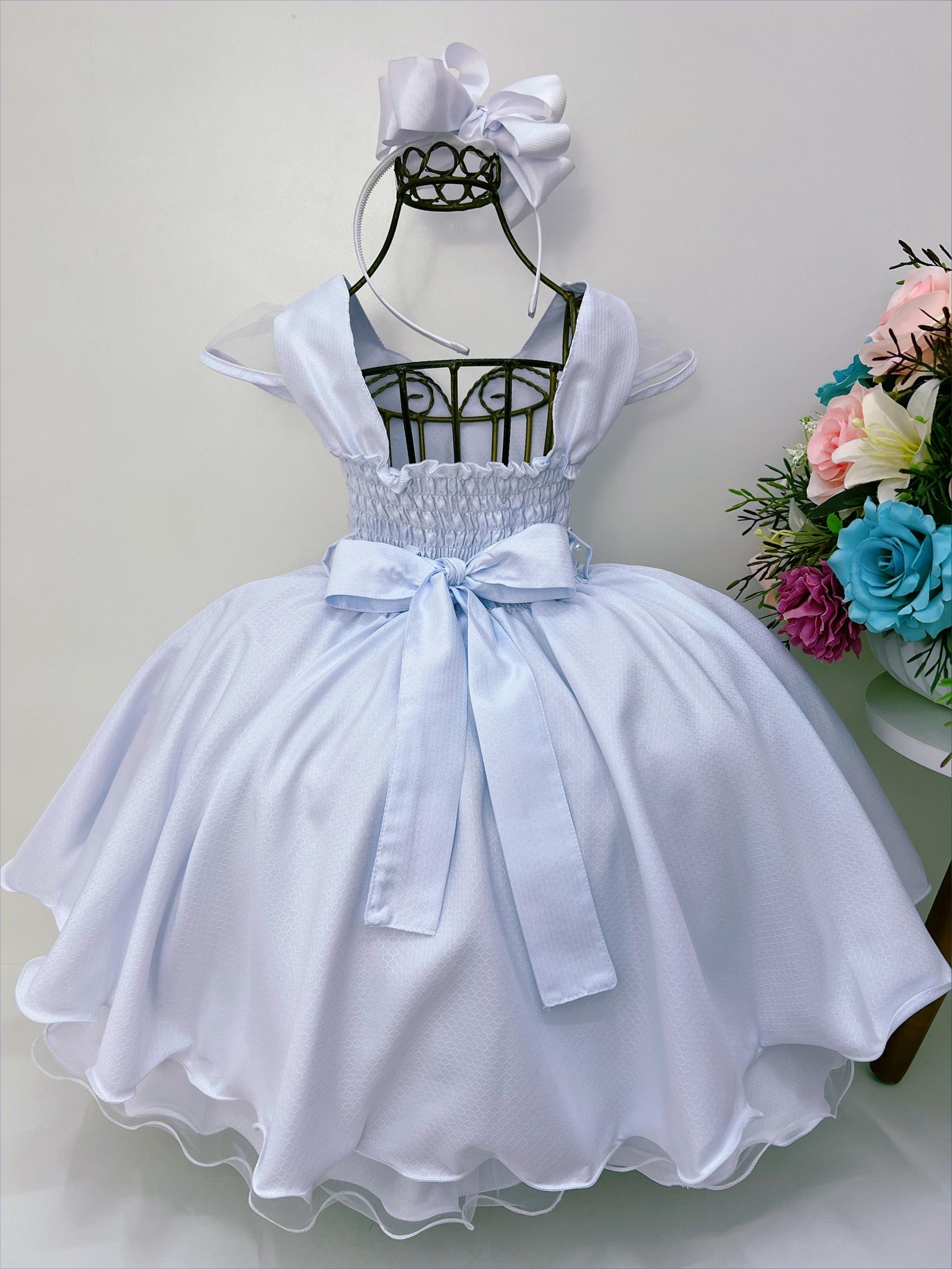 Vestido Infantil Branco Batizado Cinto Aplique de Pérola Rosa