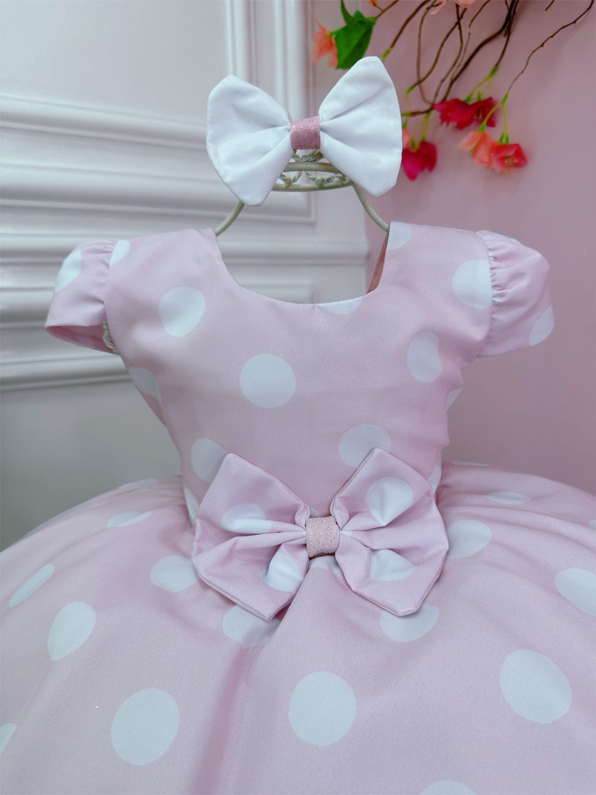 Vestido Infantil Rosa C Bolinhas Brancas Minnie e Laço Rosa Charmosa