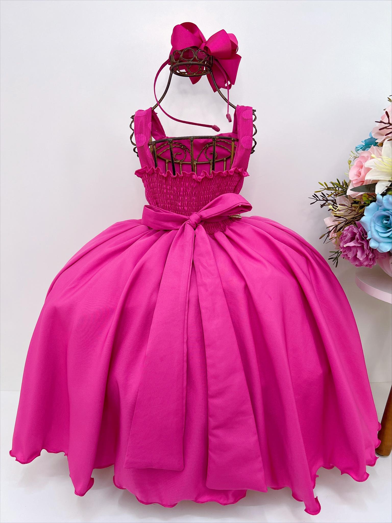 Vestido Infantil Pink Bolinhas Aplique De Flores Strass Rosa Charmosa