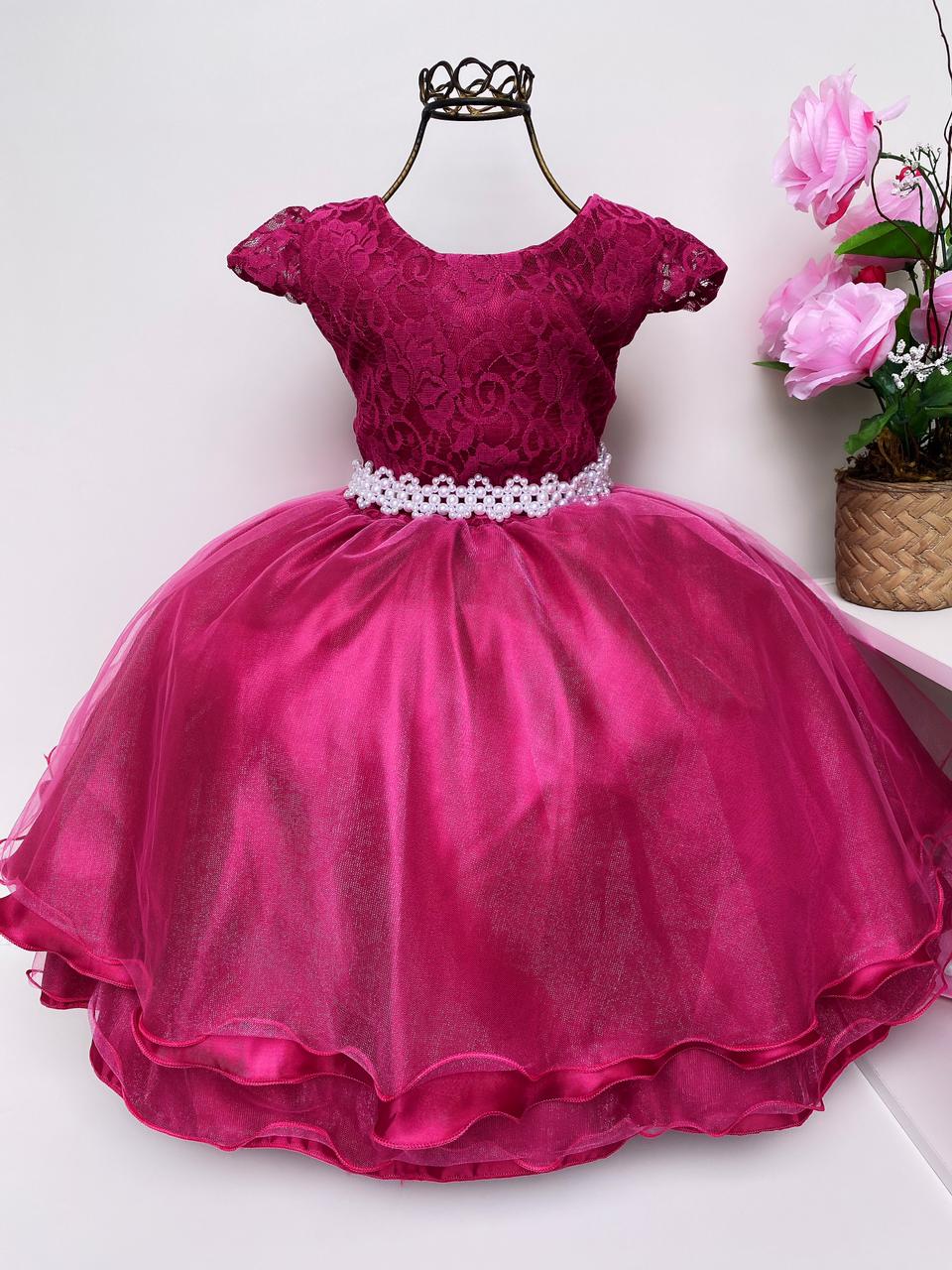 Vestido Infantil Pink Rendado Cinto Pérolas Saia Lisa Rosa Charmosa