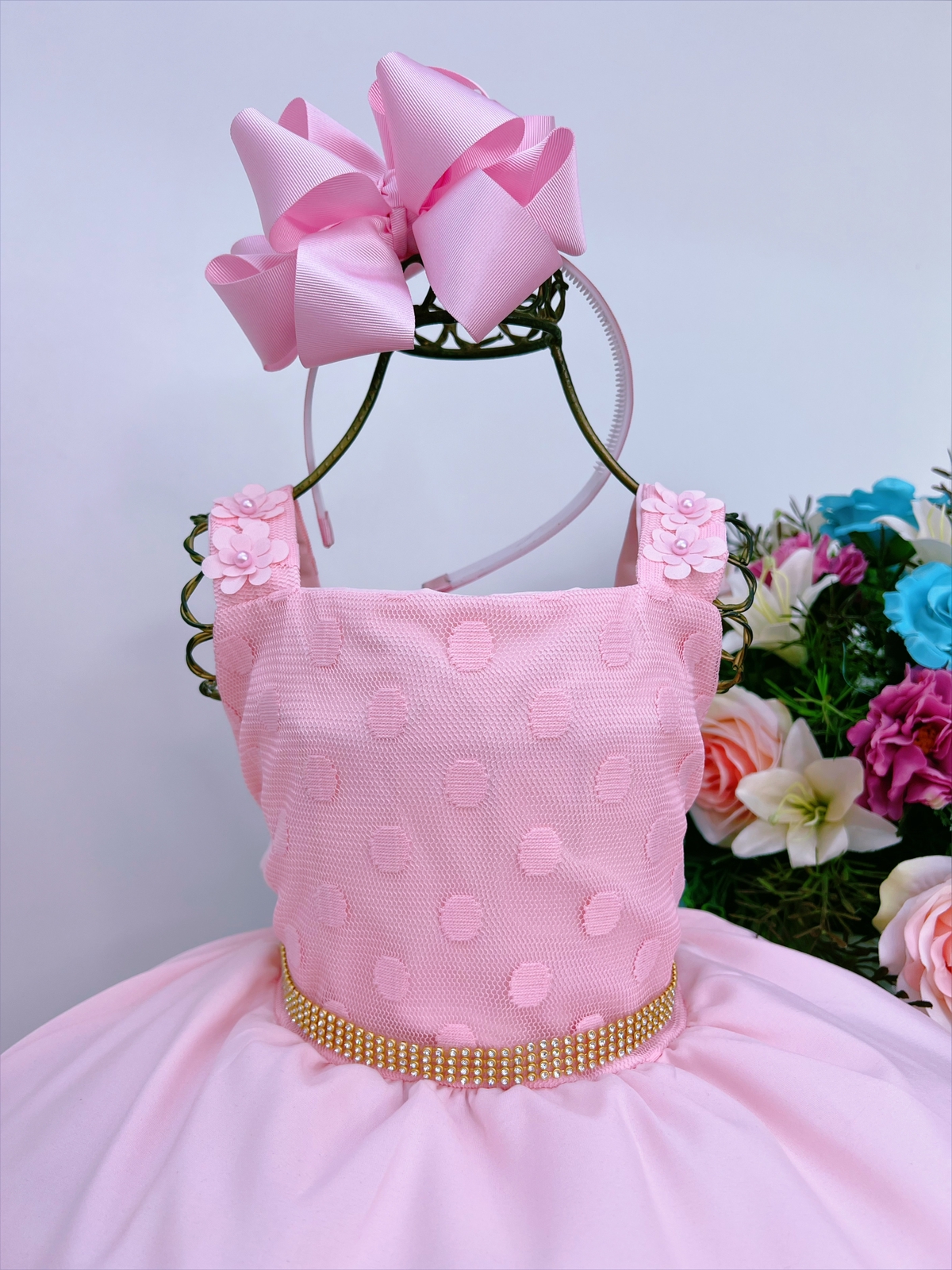 Vestido Infantil Rosa Bolinhas Aplique Flores Strass Rosa Charmosa