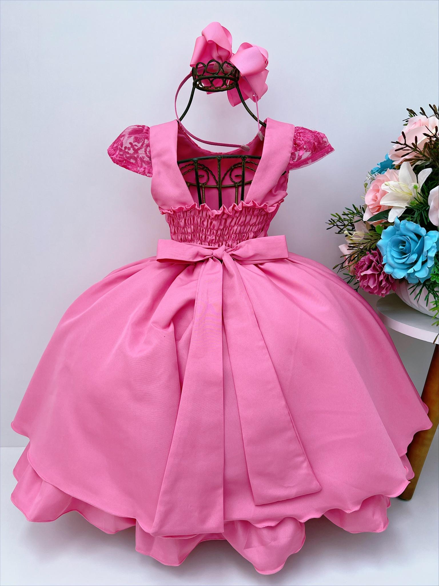 Vestido Infantil Rosa Chiclete Renda Cinto Strass Luxo Damas Rosa