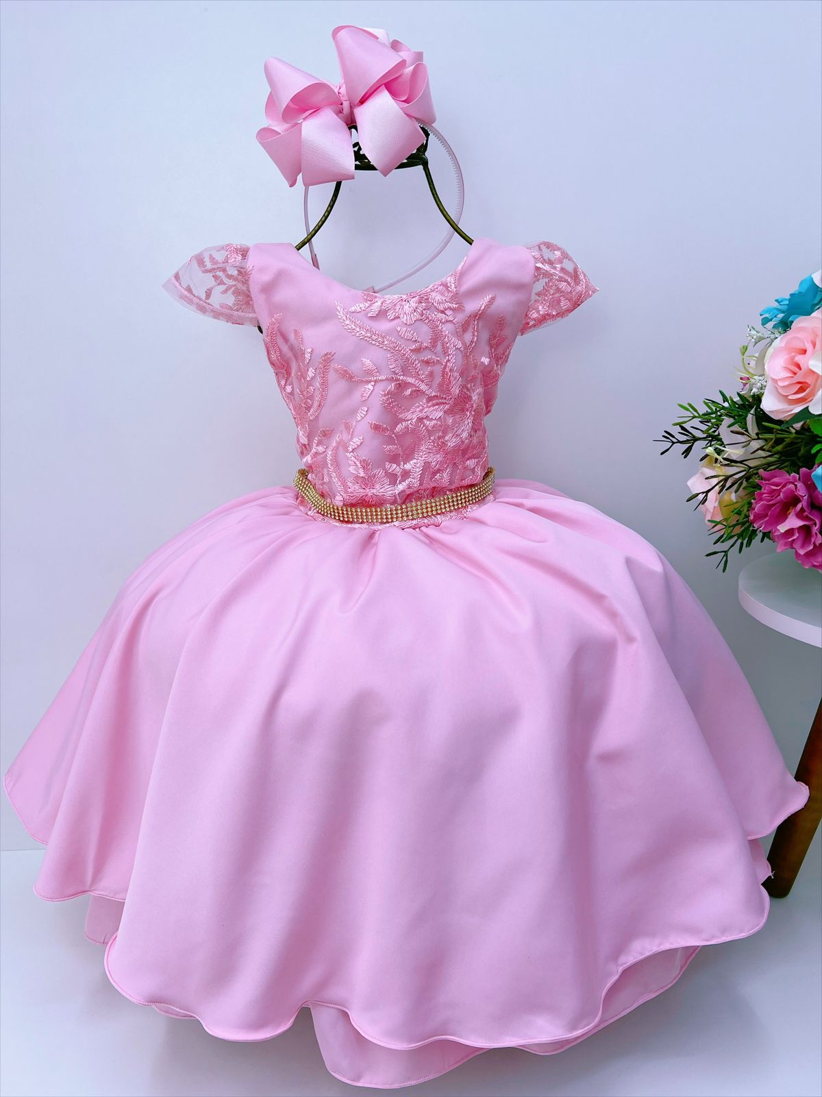 Vestido Infantil Rosa Renda Cinto Pérolas Luxo Damas Rosa