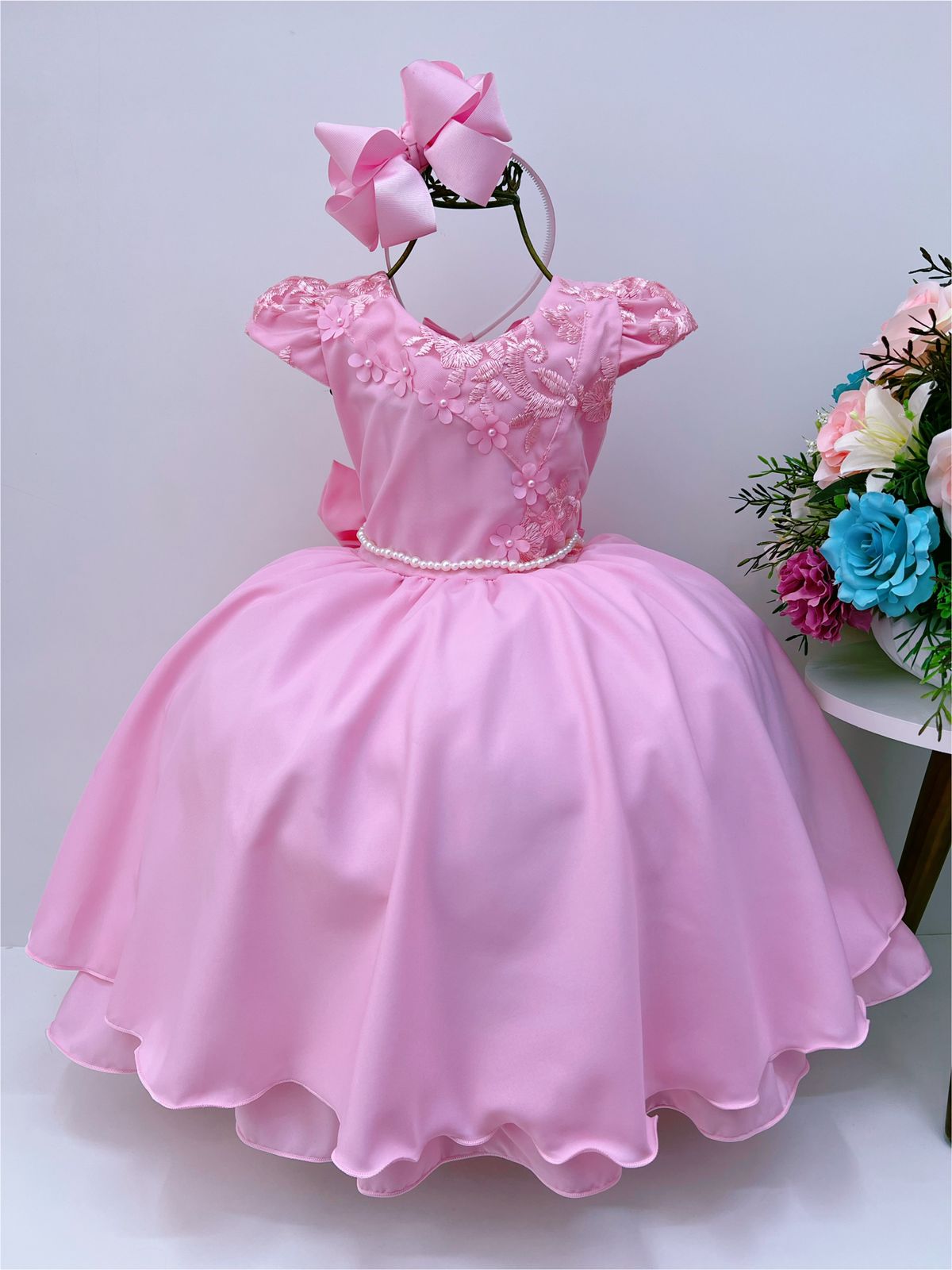 Vestido Infantil Rosa Renda E Aplique De Flores P Rolas Rosa Charmosa