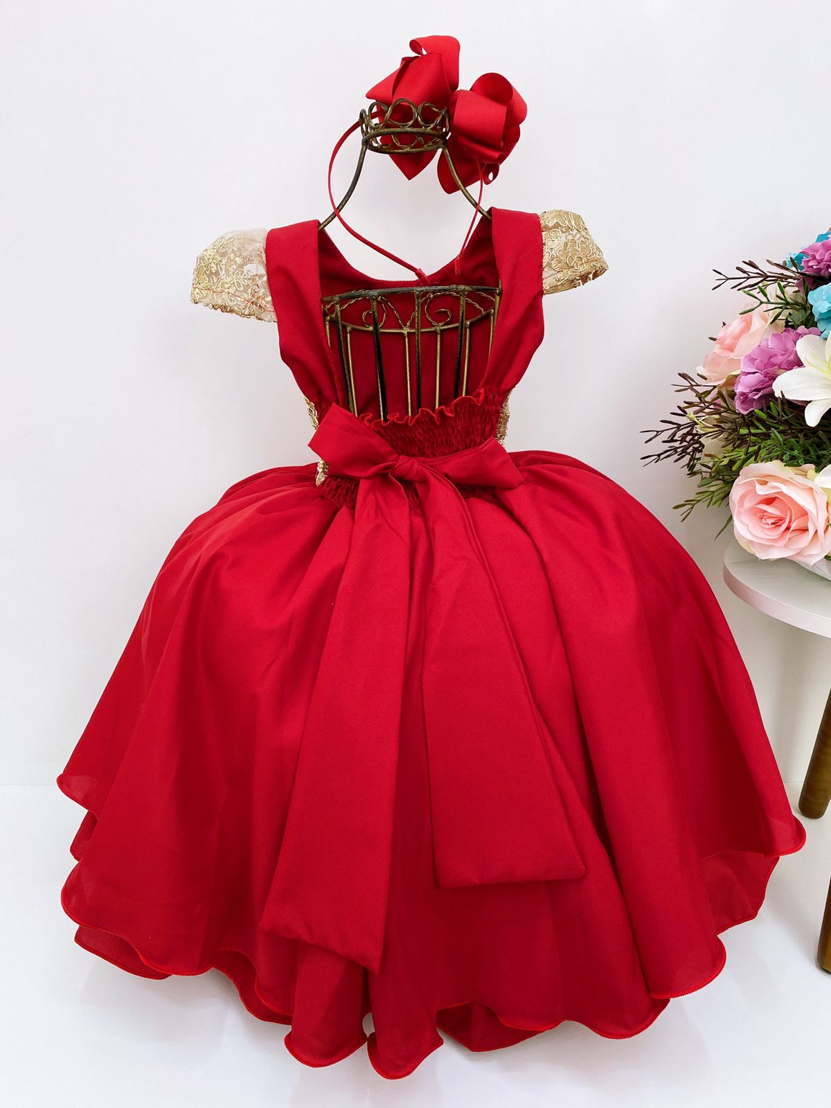 Vestido Infantil Vermelho Renda Dourada Cinto Strass Luxo Rosa