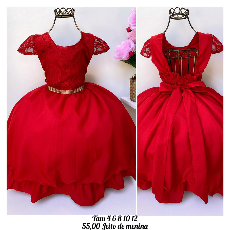 Vestido Infantil Vermelho Renda Luxo Cinto Strass Rosa Charmosa Atacado