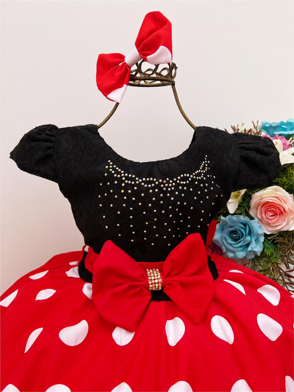 Vestido Infantil Minnie Vermelho Bolas Brancas Peito Strass Rosa