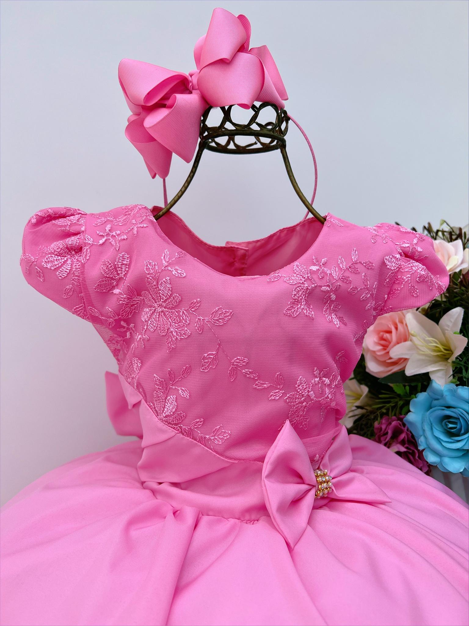 Vestido Infantil Rosa Chiclete C Renda Laço Strass Luxo Rosa