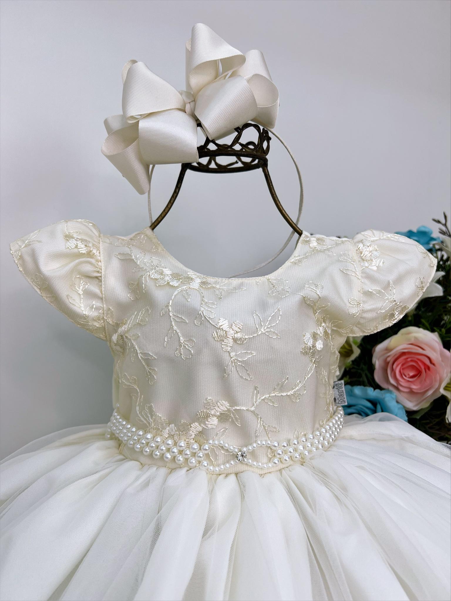 Vestido Infantil Marfim Busto Renda C P Rolas Batizado Rosa Charmosa