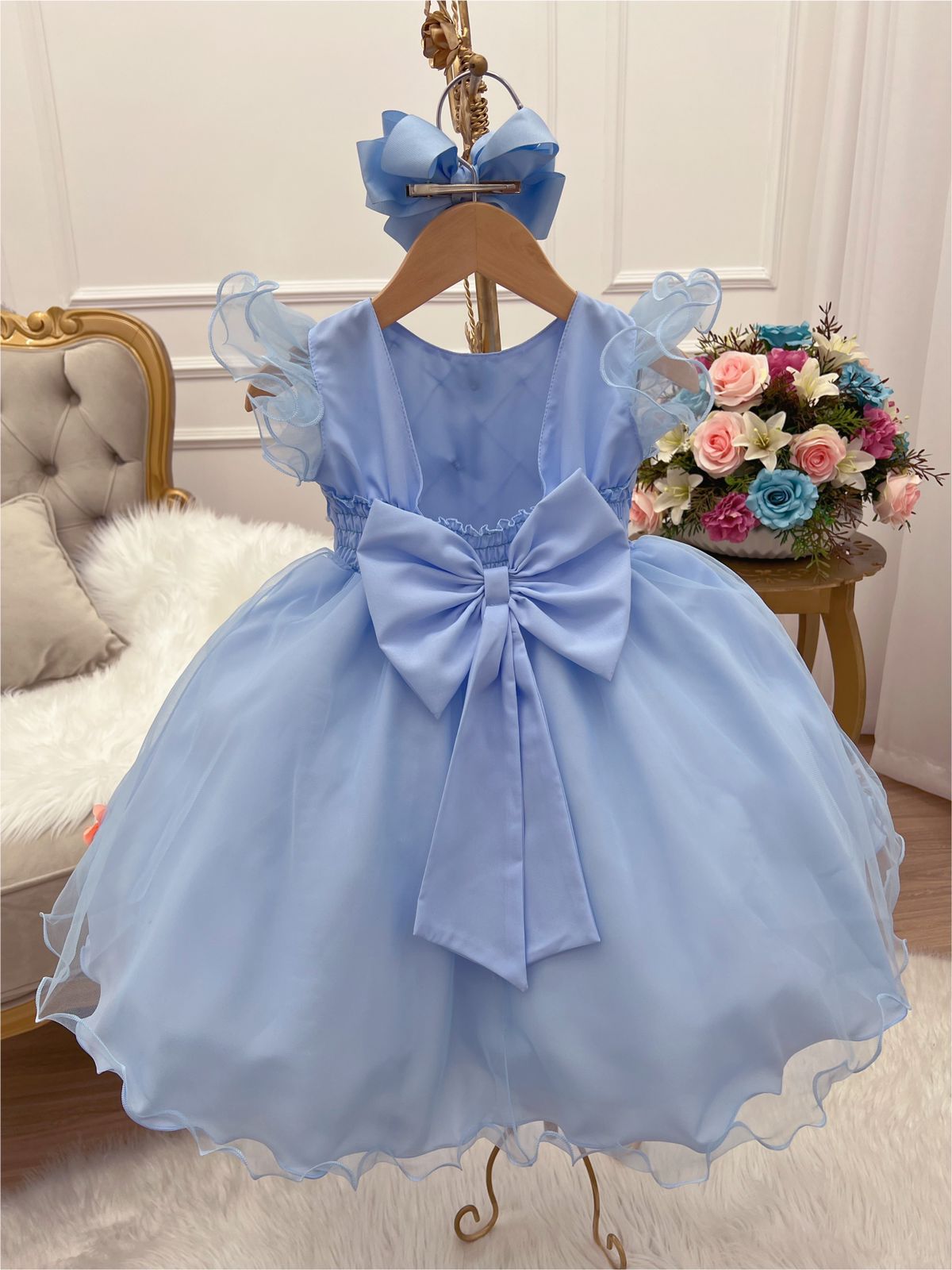 Vestido Infantil Azul Peito Nervura Aplique Flor Borboletas Rosa