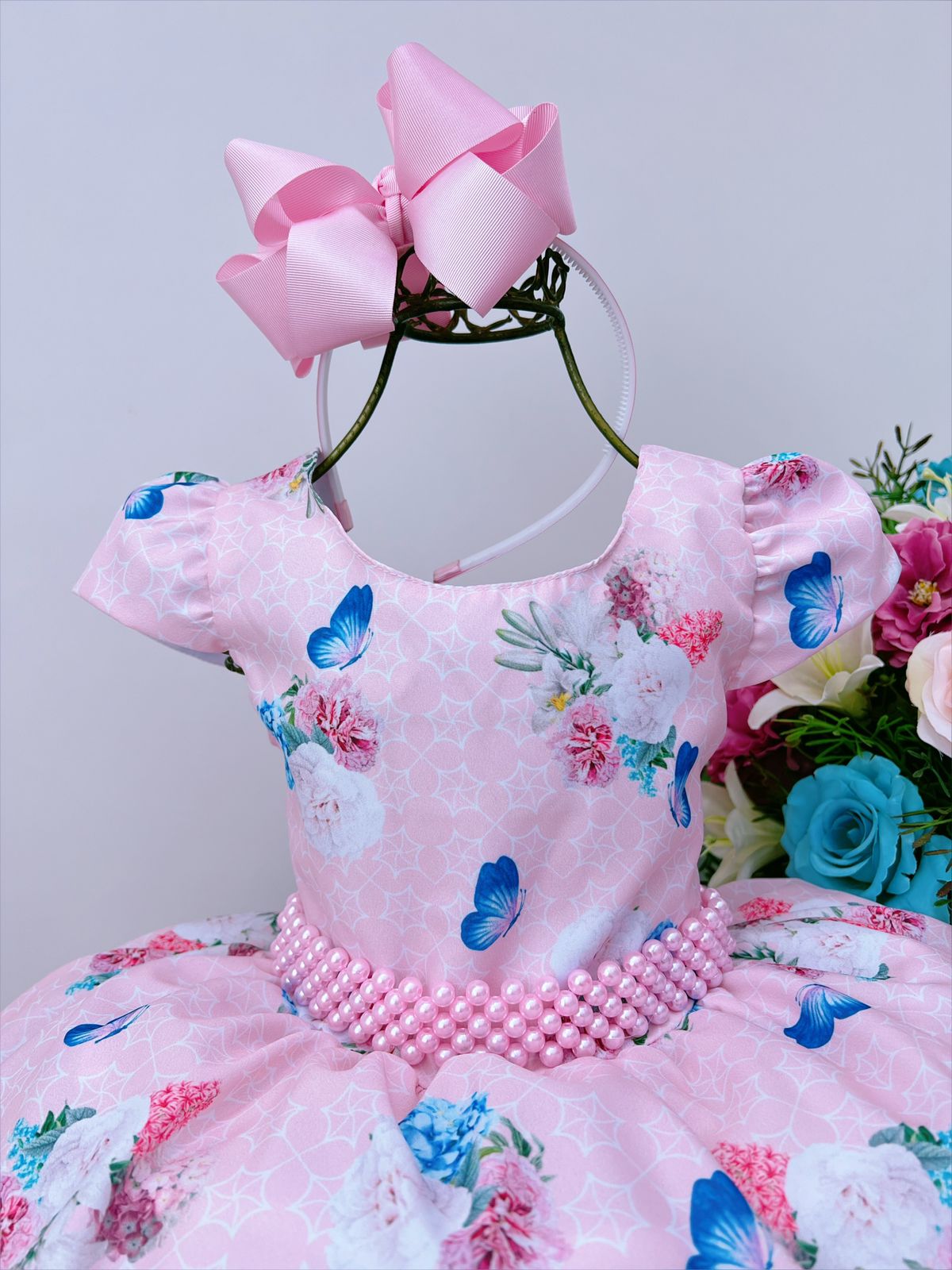 Vestido Infantil Rosa Jardim Das Borboletas E P Rolas Cinto Rosa