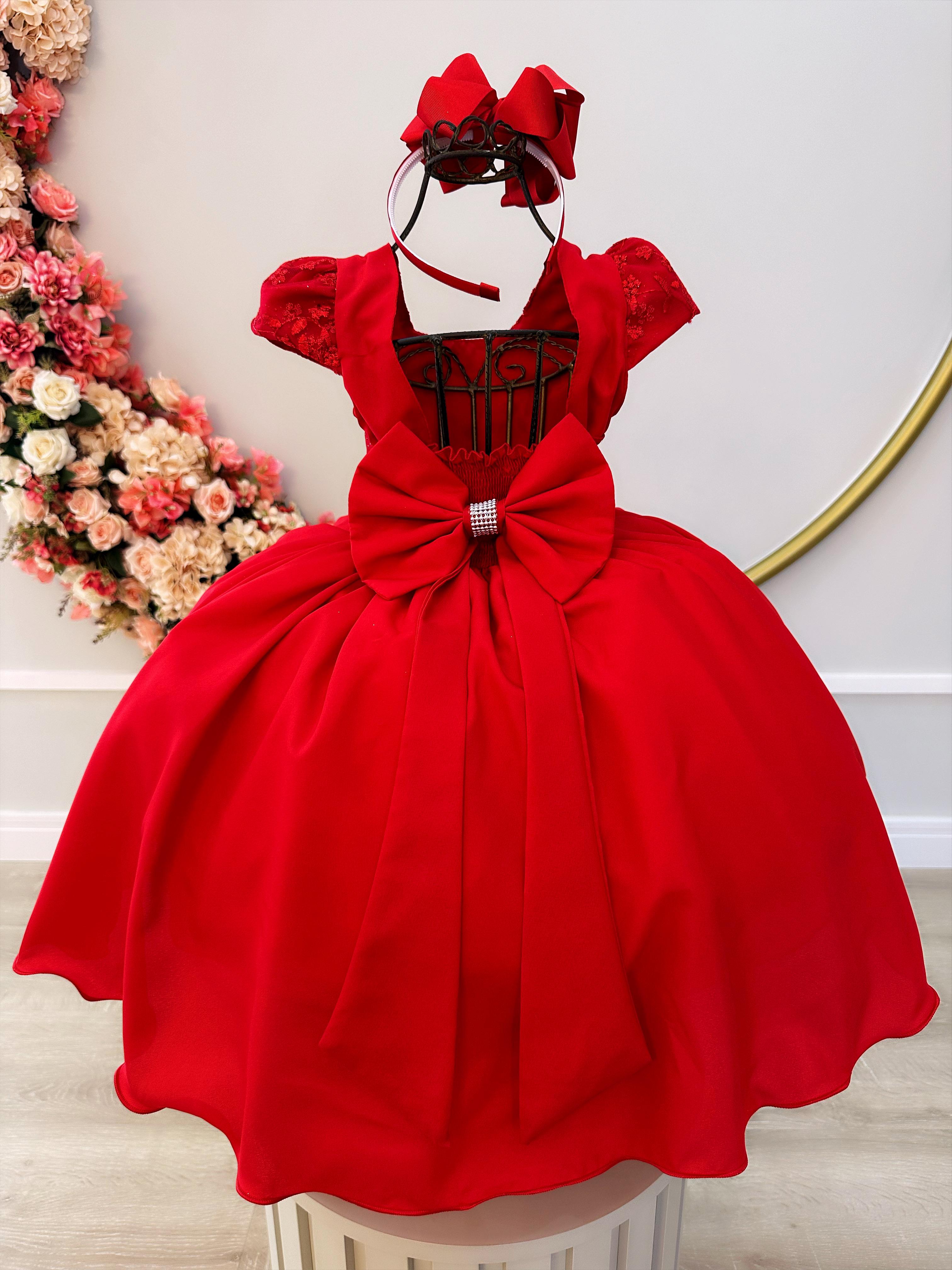 Vestido Infantil Vermelho Busto Renda E Cinto De P Rolas Rosa