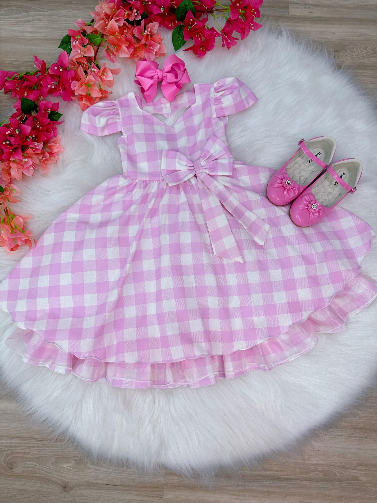 Vestido Infantil Barbie Rosa e Branco Xadrez C Aplique Laço Rosa